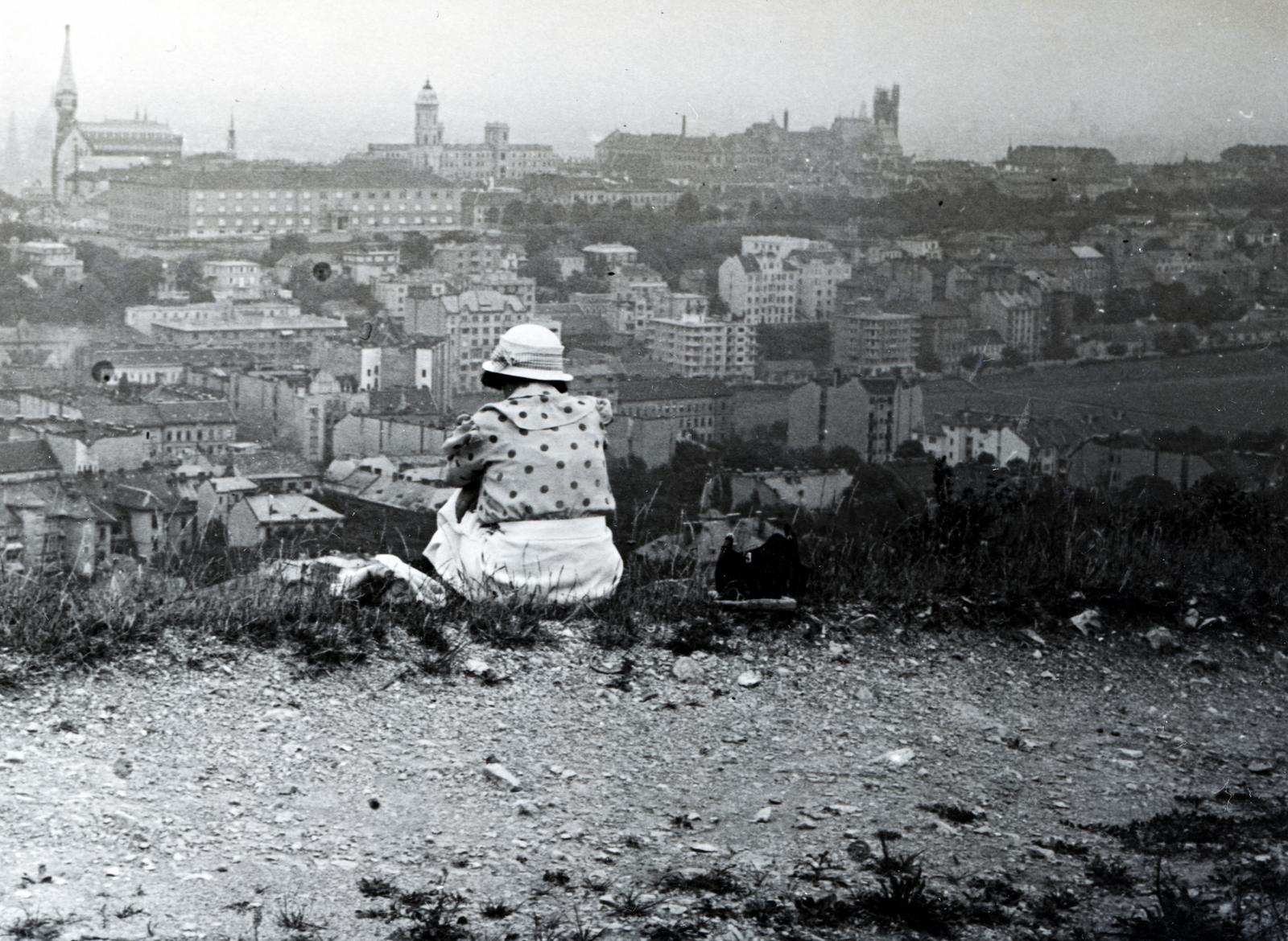 Hungary, Budapest XII.,Budapest I., Kissvábhegy, kilátás a budai Vár felé., 1934, Bor Dezső, sitting on the ground, picture, woman, solitude, back, Budapest, Fortepan #232117
