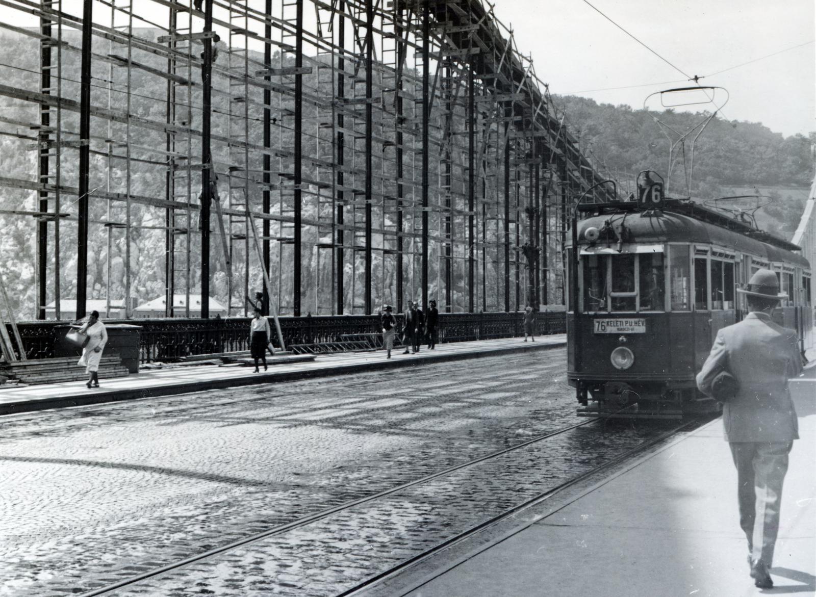 1934, Bor Dezső, scaffolding, destination sign, tram, bridge, Fortepan #232122