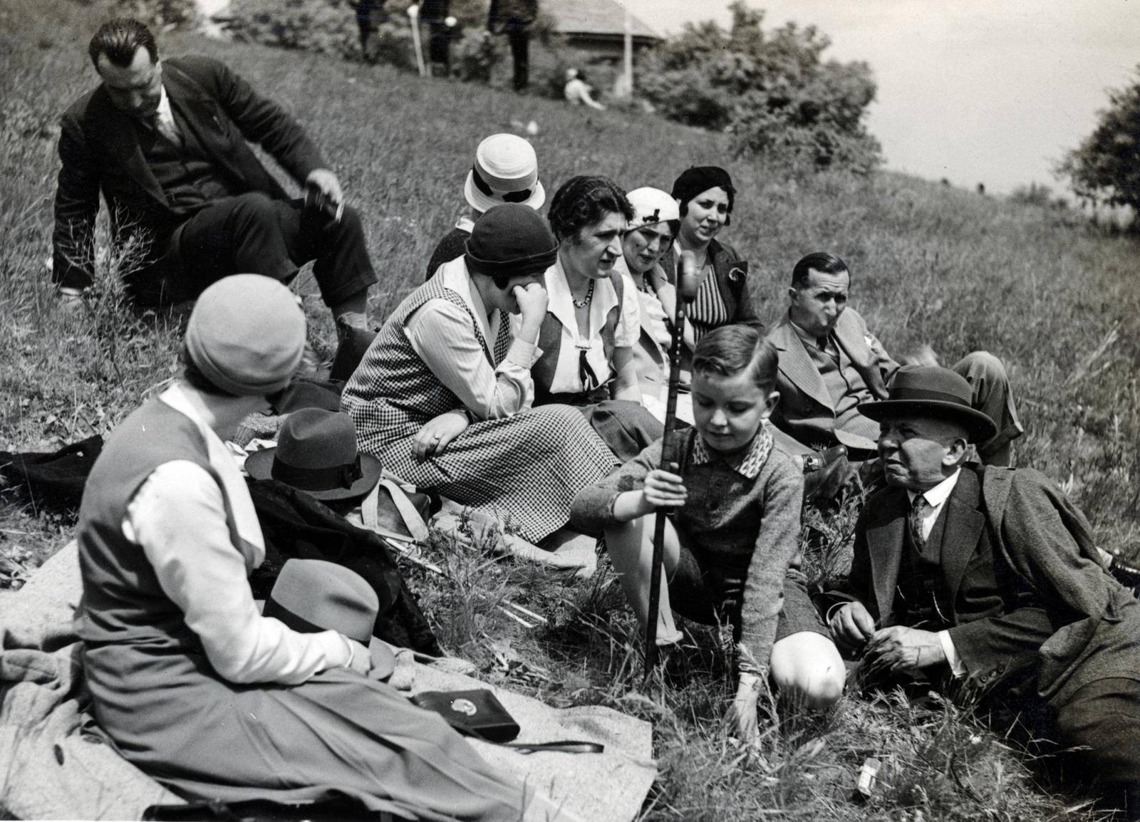 1933, Bor Dezső, lie in the grass, excursion, relaxation, walking cane, Fortepan #232146