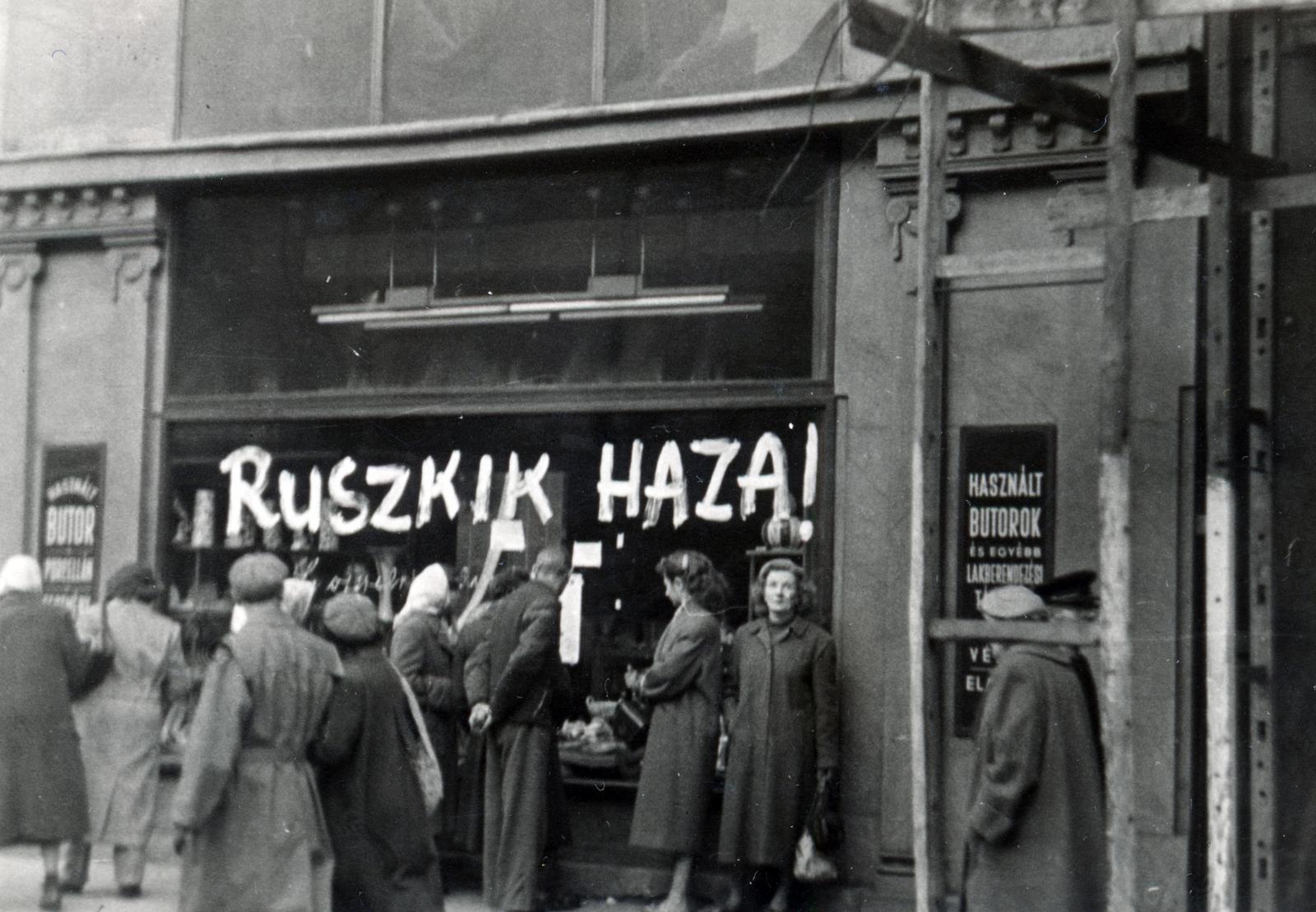 1956, Virány László, felirat, üzletportál, Bútorbolt, graffiti, forradalom, Fortepan #232381