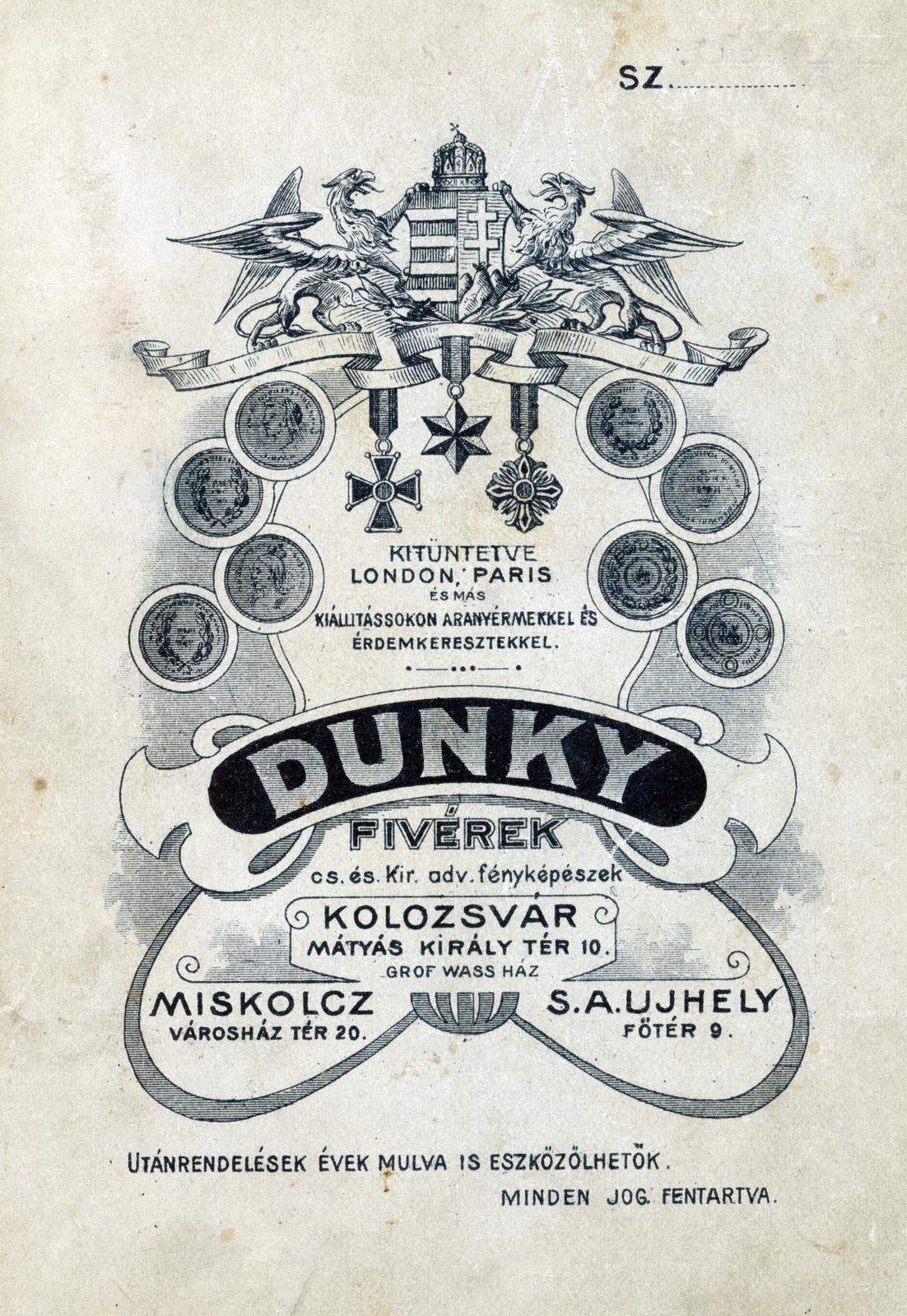 Hungary,Romania,Transylvania, Cluj-Napoca,Miskolc,Sátoraljaújhely, Mátyás király tér 10., Városház tér 20., Fő tér 9., Dunky fivérek, fényképészek., 1905, Virány László, verso, photographer, studio, Fortepan #232531