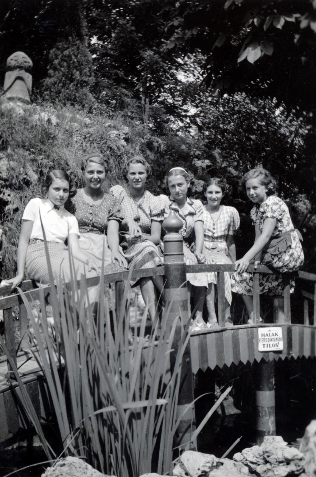 1937, Gara család, sitting on a handrail, checked dress, walking bridge, girls, Fortepan #232589