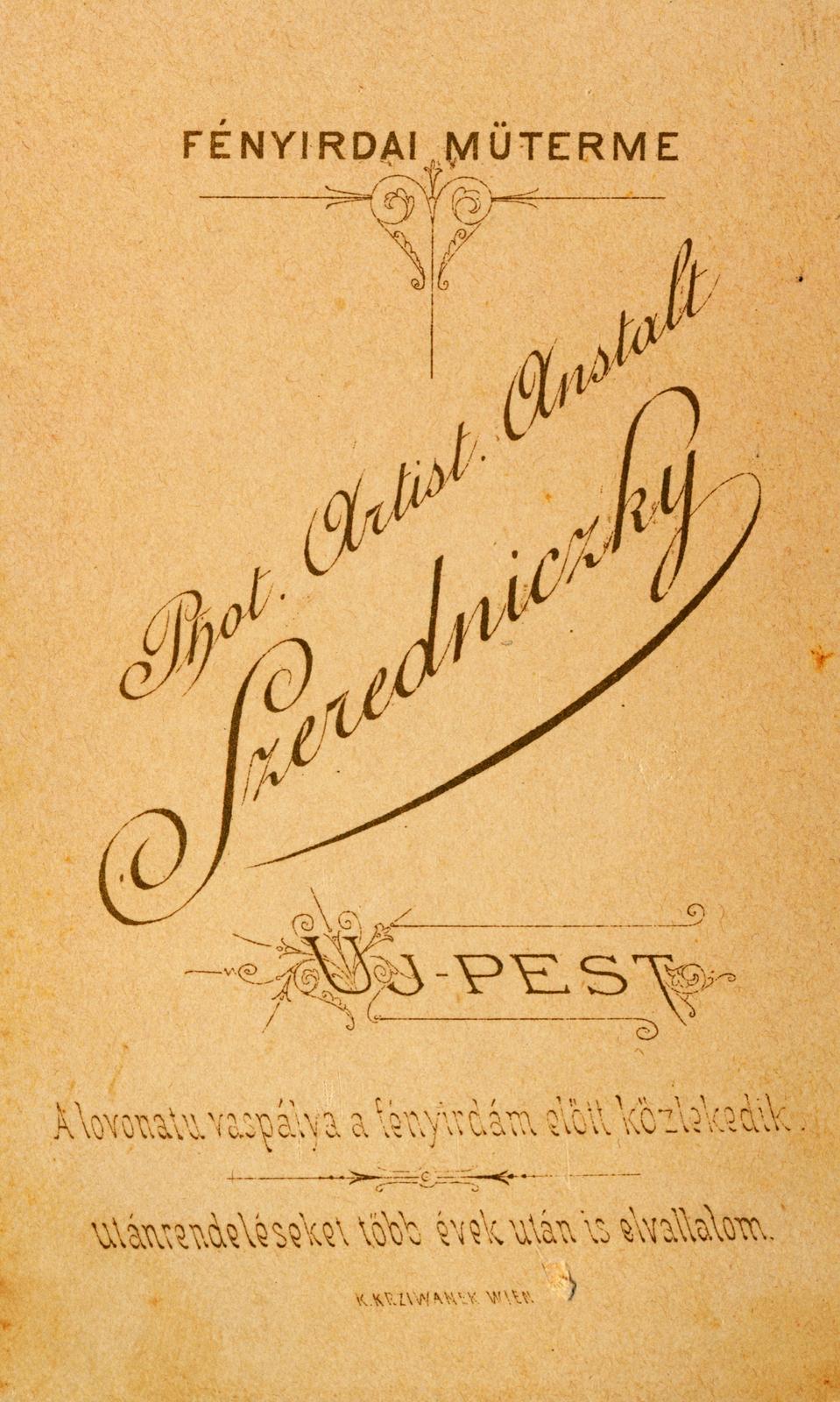 Hungary, Budapest IV., István út - Deák Ferenc utca sarok, Szeredniczky fényképészeti és festészeti műintézete., 1900, Kárpáti Anna, Budapest, verso, studio, photographer, Fortepan #233678
