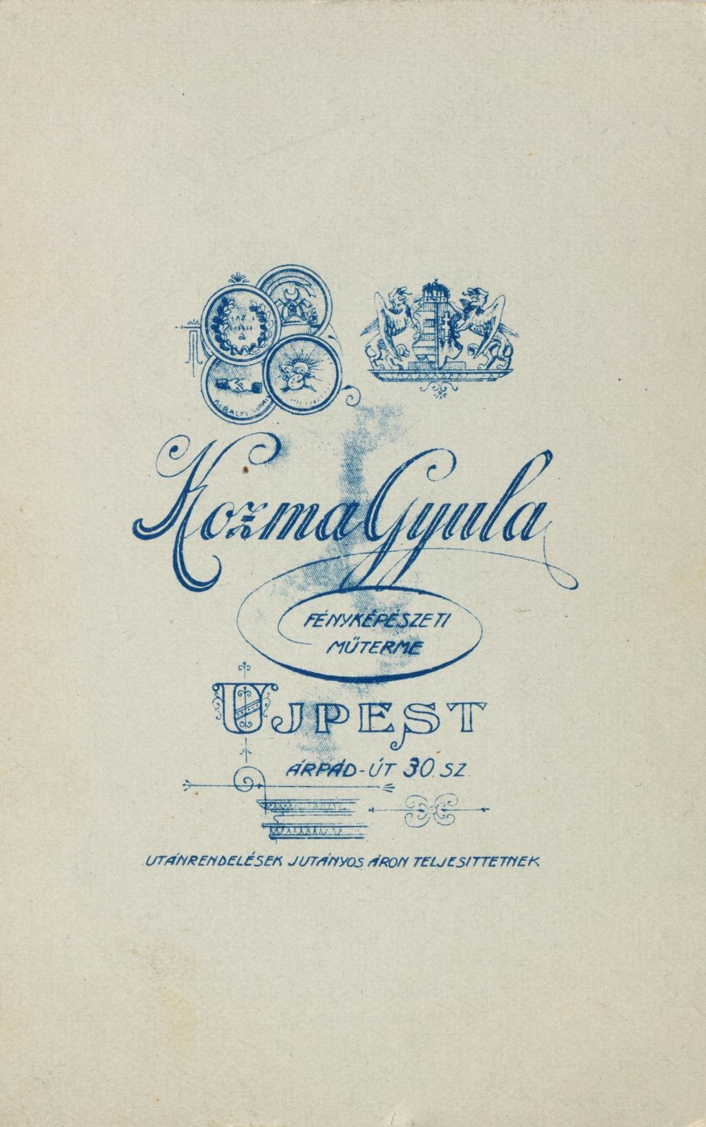 Magyarország, Budapest IV., Árpád út 30., Kozma Gyula fényképészeti műterme., 1900, Kárpáti Anna, Budapest, hátlap, műterem, fényképész, Fortepan #233679