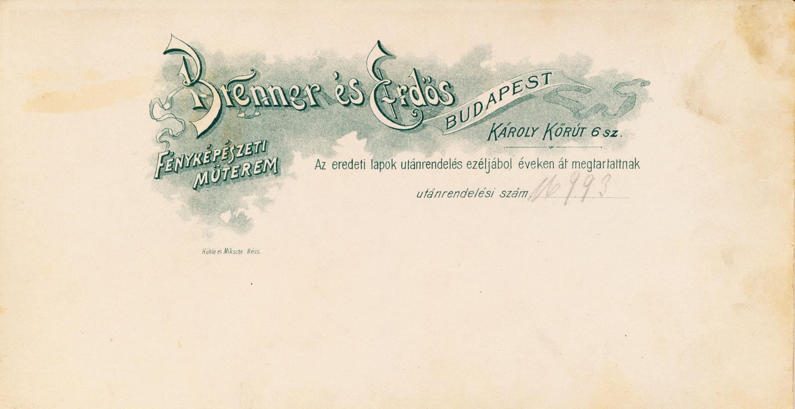 Magyarország, Budapest VI., Károly körút 6., Brenner és Erdős fényképészeti műterme., 1900, Kárpáti Anna, Budapest, hátlap, műterem, fényképész, Fortepan #233685