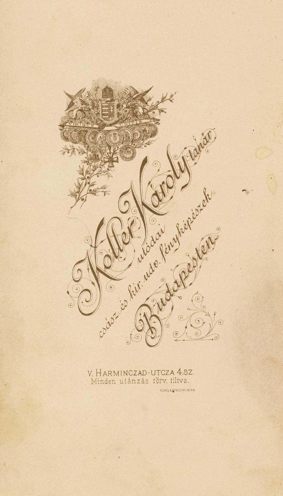 Magyarország, Budapest V., Harmincad utca 4., Koller Károly tanár utódai, fényképészek., 1900, Kárpáti Anna, Budapest, hátlap, műterem, fényképész, Fortepan #233687