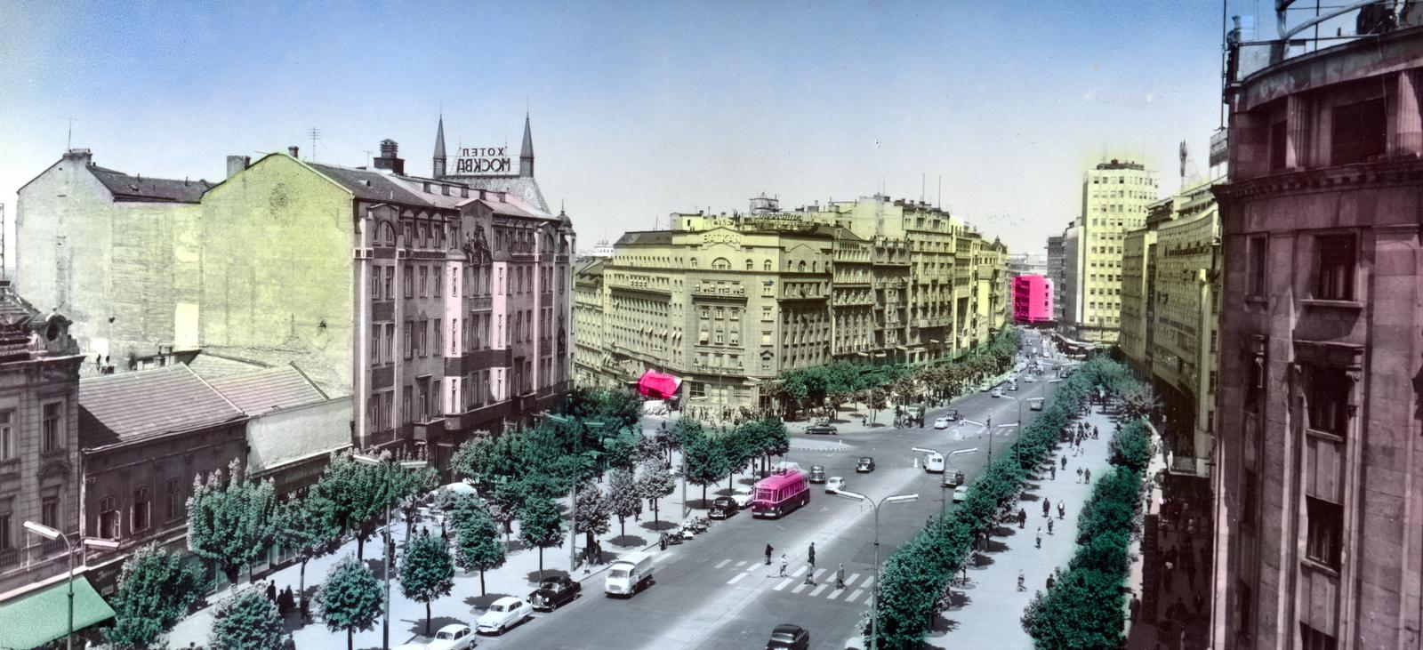 Serbia, Belgrade, Terazije, szemben középen a Hotel Balkán, ettől balra a Hotel Moszkva., 1963, Rajz Helga Eszter, Fortepan #233891