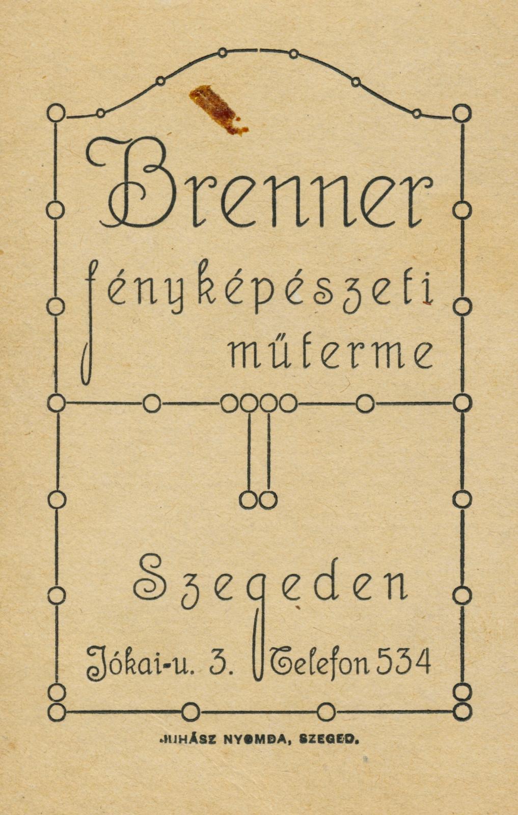 Magyarország, Szeged, Jókai utca 3., Brenner fényképészeti műterme., 1914, Farkas Lóránt, hátlap, műterem, fényképész, Fortepan #233906