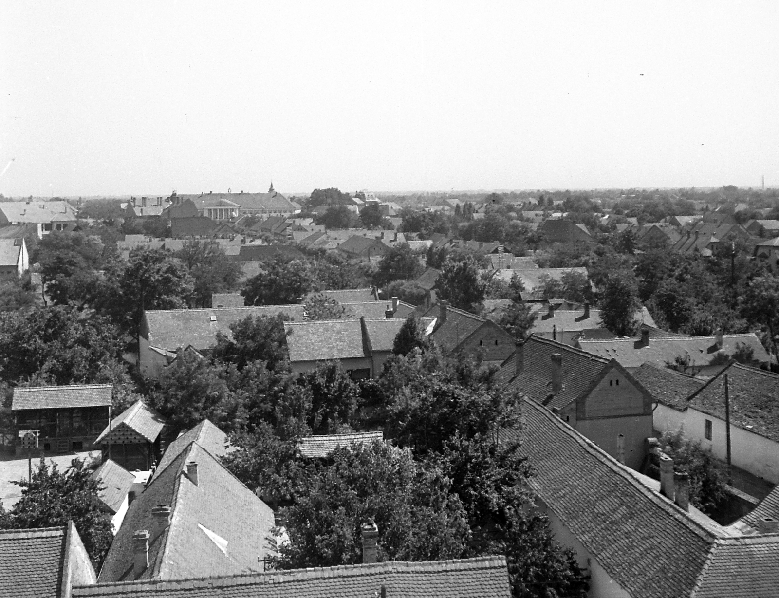 Hungary, Makó, kilátás a református ótemplom tetejéről, hátul a Városháza (Megyeháza) oszlopsoros épülete., 1951, Építész, picture, Fortepan #23405