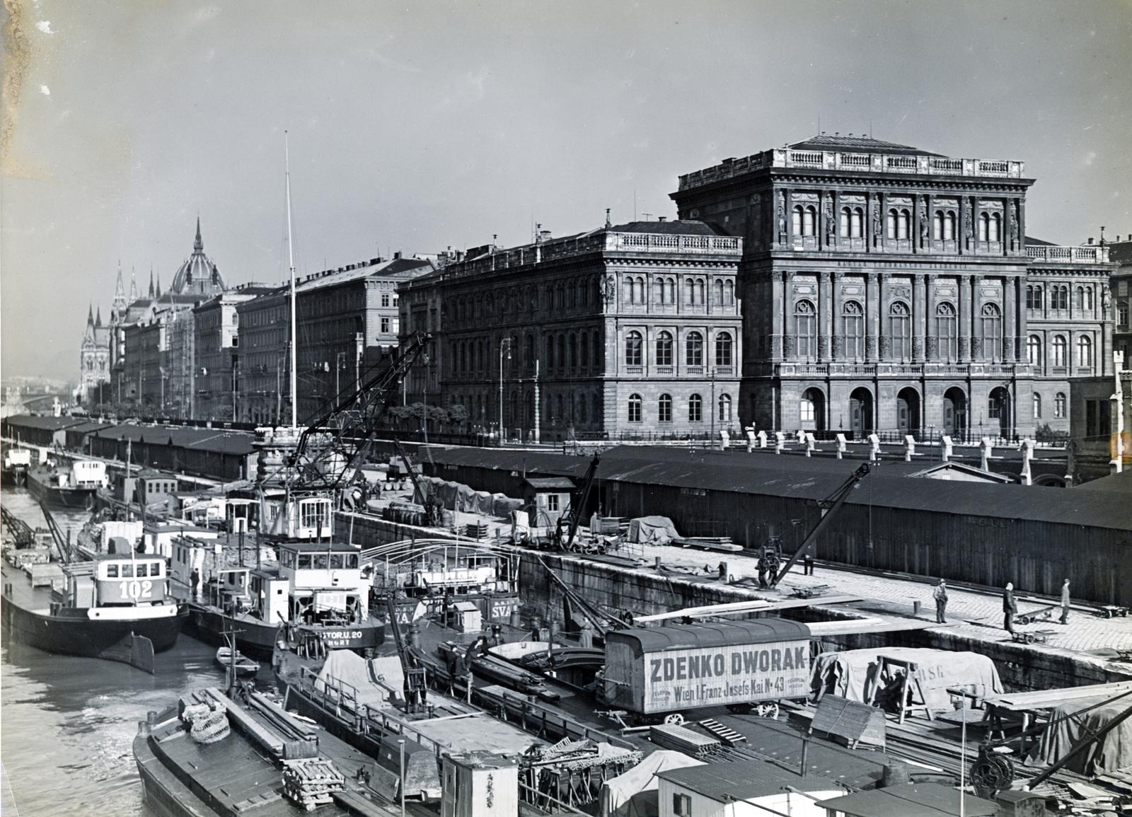 1928, Gödi Digitális Fotóarchívum, Danube, barge, ad, parliament, wharf, Hungarian Academy of Sciences, Fortepan #234139