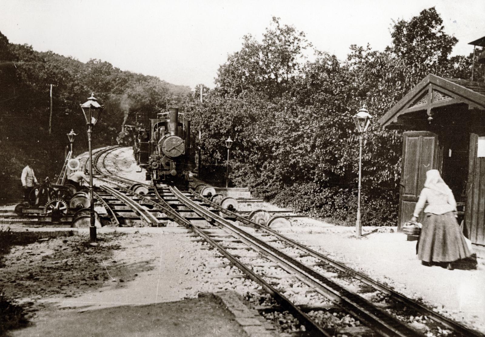 Hungary, Budapest XII., Fogaskerekű, tolópados kitérő a későbbi Erdei iskola megállónál., 1908, Hegyvidéki Helytörténeti Gyűjtemény, funicular train, Budapest, Fortepan #234276