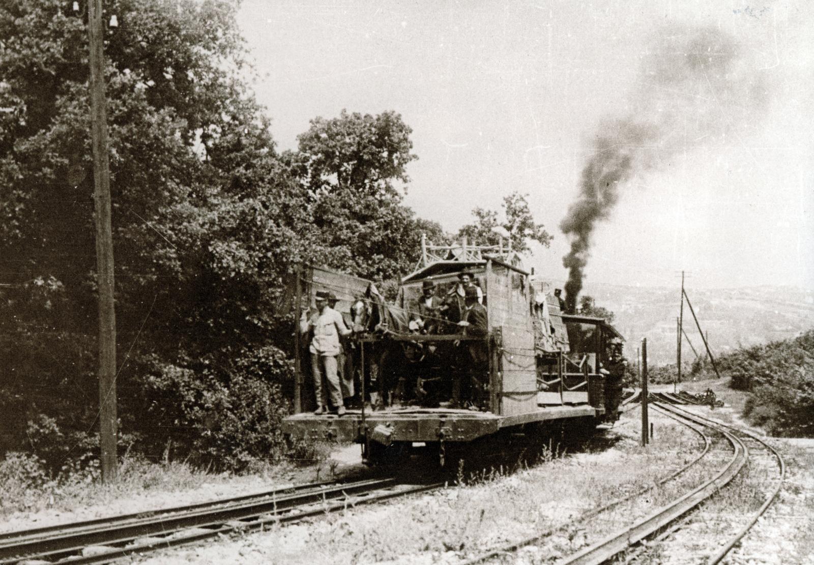 Hungary, Budapest XII., Fogaskerekű, háttérben a tolópados kitérő látható, a felvétel a későbbi Erdei iskola megállónál készült., 1908, Hegyvidéki Helytörténeti Gyűjtemény, funicular train, Budapest, Fortepan #234277