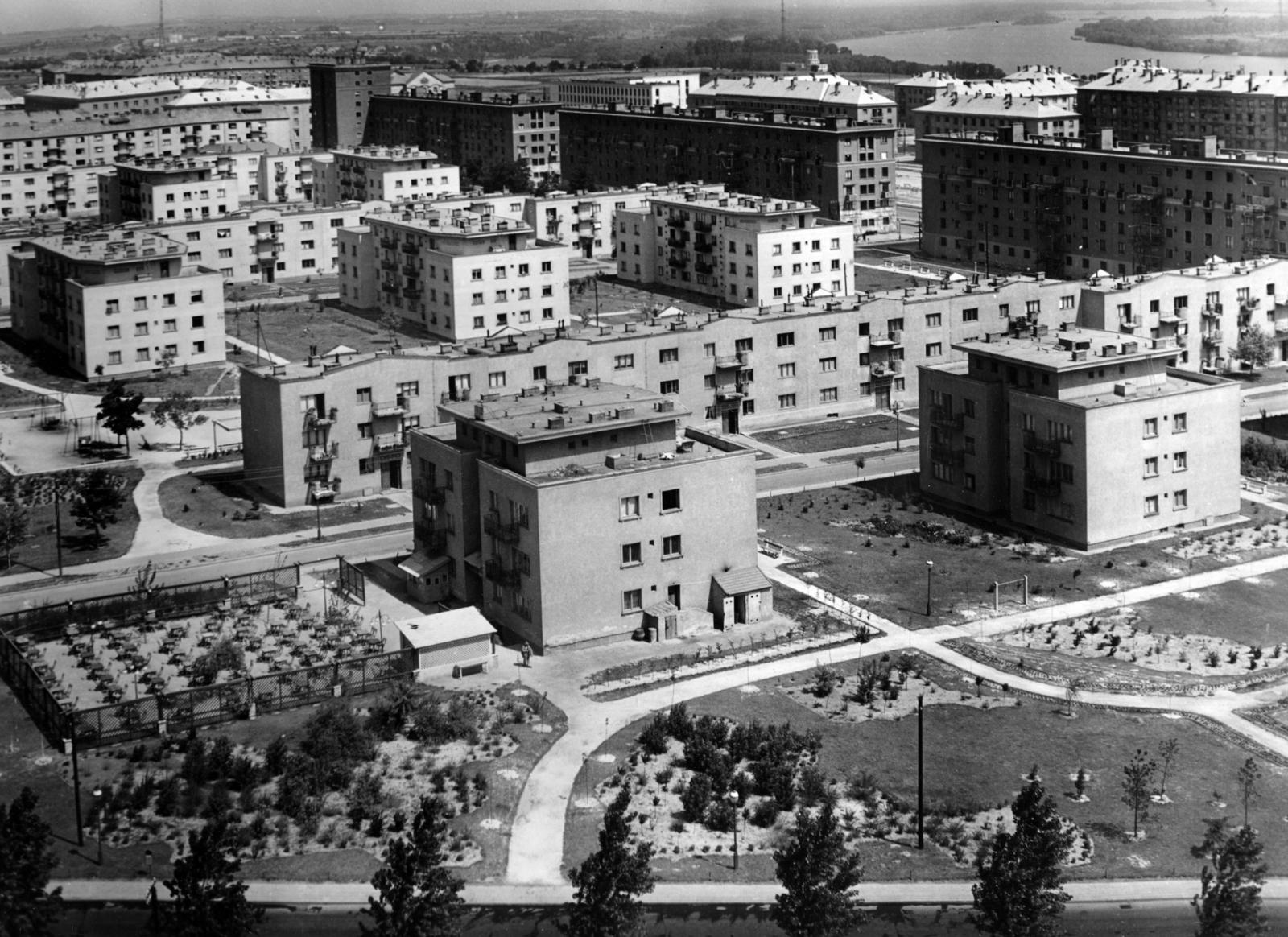 Hungary, Dunaújváros, (Sztálinváros), kilátás a Víztoronyból az Ady Endre utca melletti épületek és a Vasmű (Sztálin) úti házak felé. Távolban a Duna látható. Előtérben az Építők útja melletti fasor., 1955, Hegyvidéki Helytörténeti Gyűjtemény, Fortepan #234298