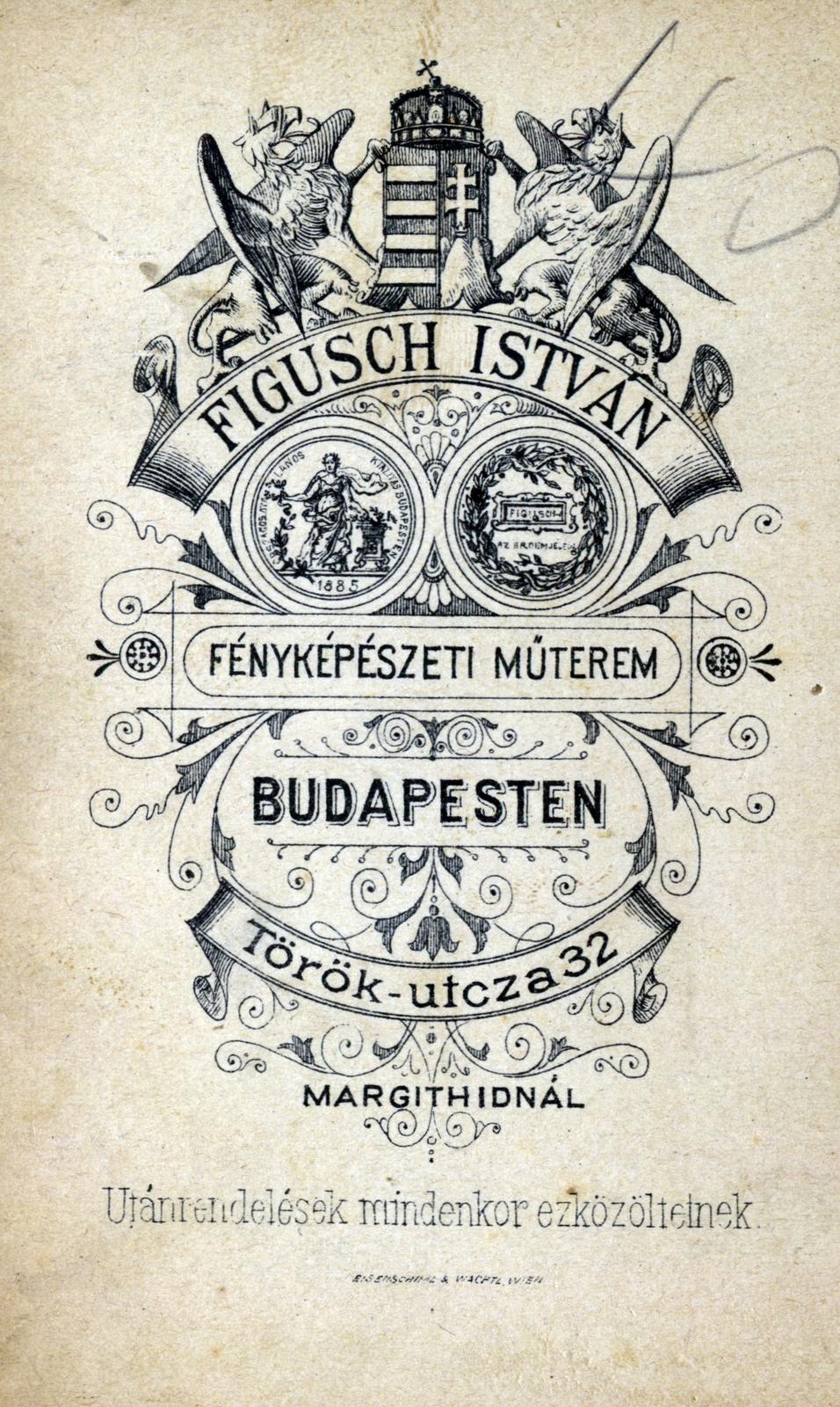 Magyarország, Budapest II., Török utca 32., Figusch István fényképészeti műterme., 1900, Hegyvidéki Helytörténeti Gyűjtemény, hátlap, Budapest, Fortepan #234328
