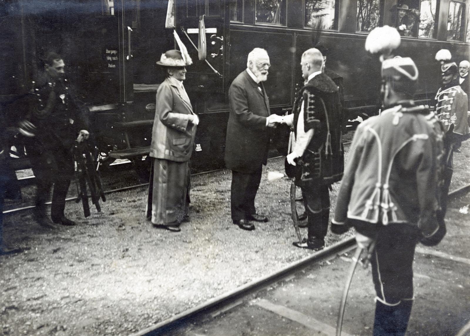 Hungary, Sárvár, vasútállomás, III. Lajos bajor király és feleségé a városba érkezik., 1914, Lőcsei (Tóth) Péter, sword, handshake, Bocskai coat, train station, politician, Fortepan #234938