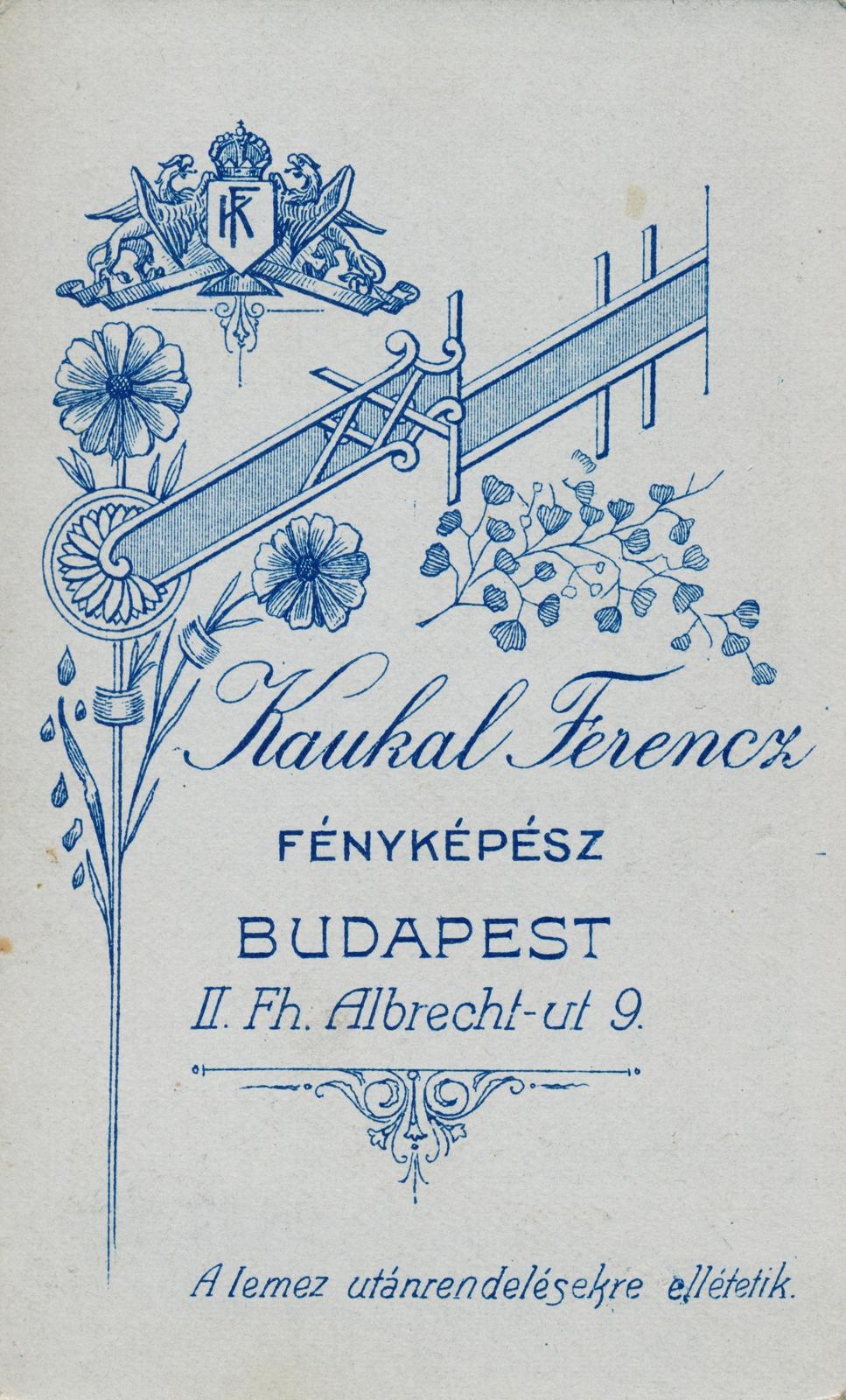 Magyarország, Budapest I., Hunyadi János (Albrecht) út 9. Kaukal Ferenc fényképész., 1914, Fejér Csaba-Kindert Piroska, Budapest, hátlap, műterem, fényképész, Fortepan #235498