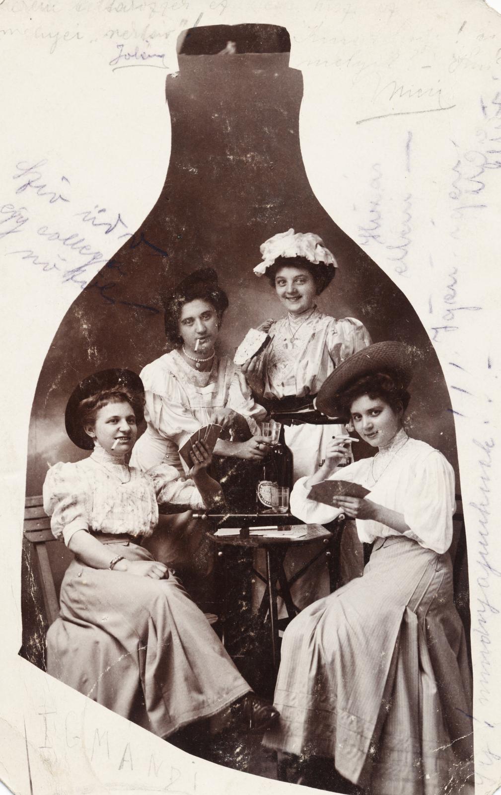 1907, Kenderessy Tibor, Best of, jesting, lady, hat, deck of cards, trick, smoking, Fortepan #235591