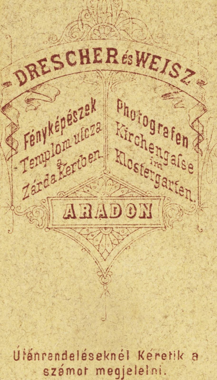 Románia,Erdély, Arad, Templom utca, a Zárda kertben, Drescher és Weisz fényképészek., 1900, Kenderessy Tibor, hátlap, műterem, fényképész, Fortepan #235664