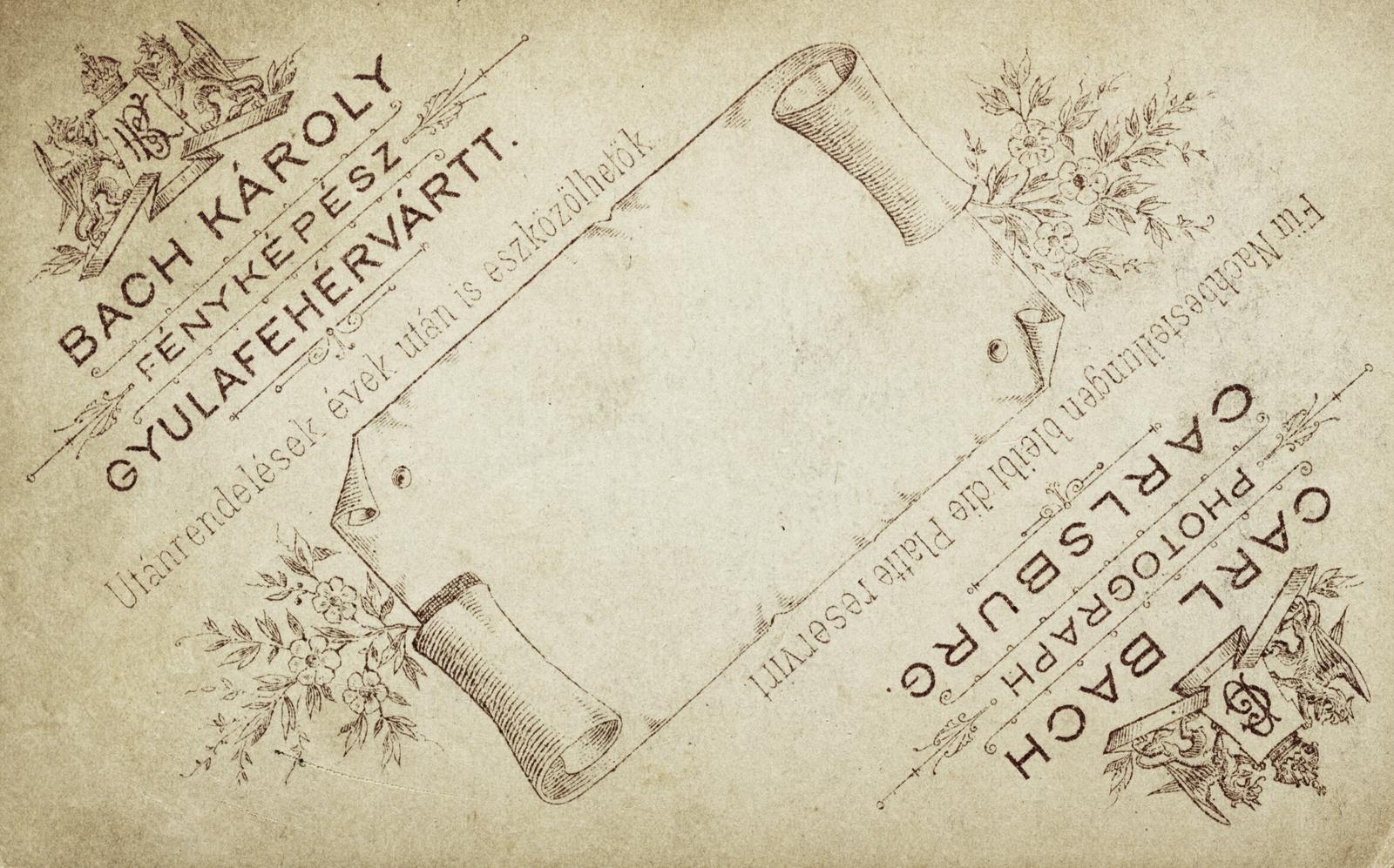 Romania,Transylvania, Alba Iulia, Bach Károly fényképész., 1902, Kenderessy Tibor, verso, studio, photographer, Fortepan #235666