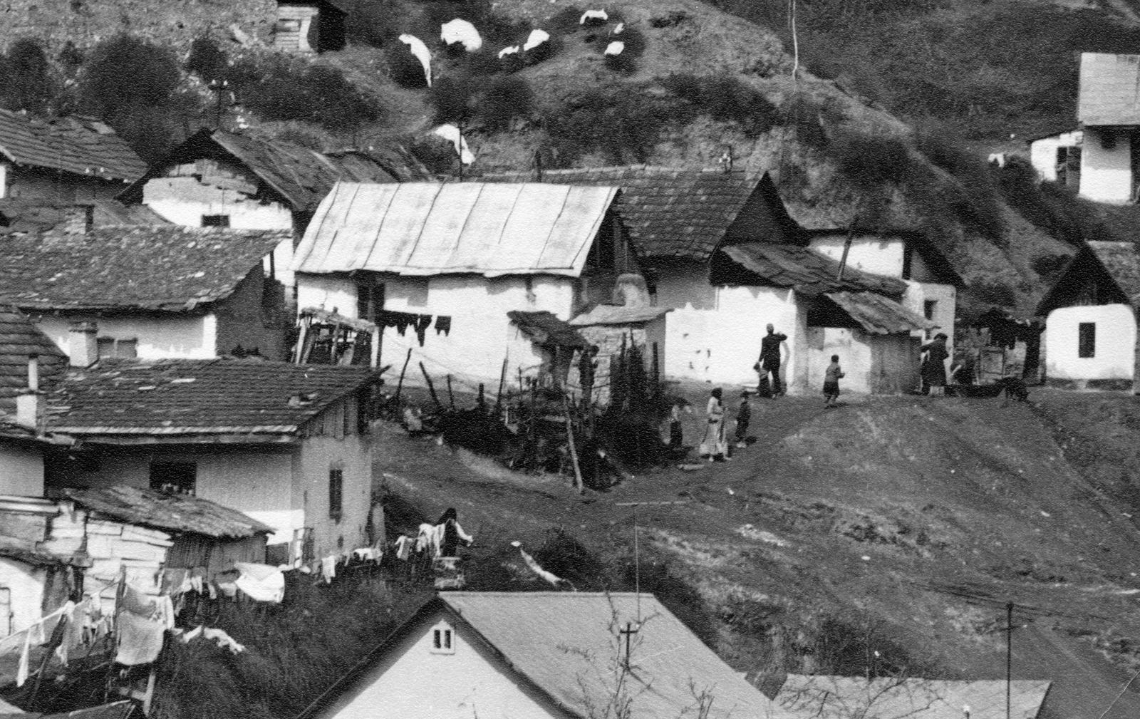 Magyarország, Salgótarján, Pécskő út, a pécskődombi (kopaszdombi) cigánytelep., 1967, Éltető, szegénység, teregetés, háztető, hegyoldal, lakóház, Fortepan #236219
