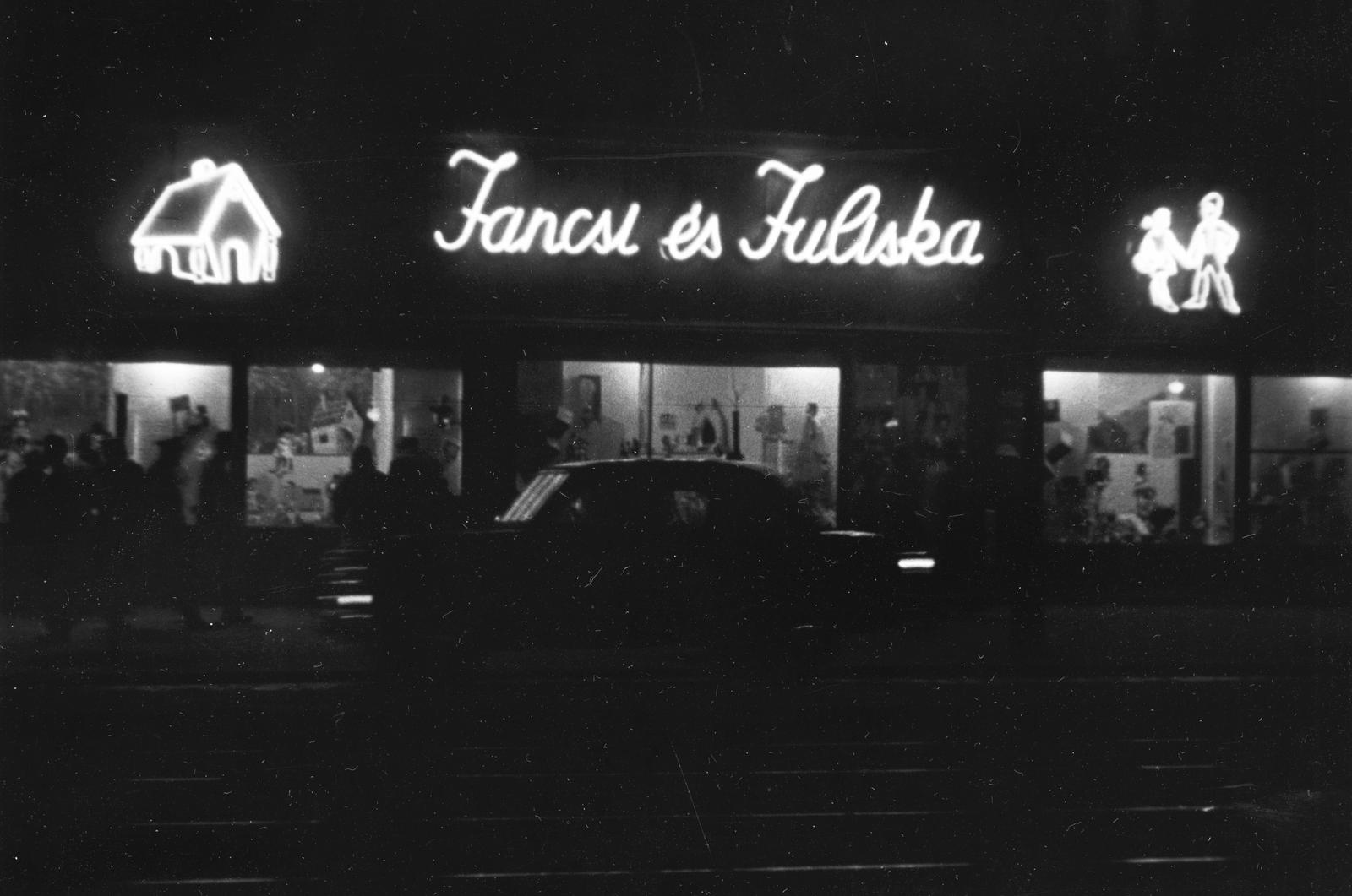 Magyarország, Budapest VI., Teréz körút 58. (Lenin körút 116.). Jancsi és Juliska játékbolt., 1966, Éltető, este, kirakat, neon felirat, Budapest, Fortepan #236232