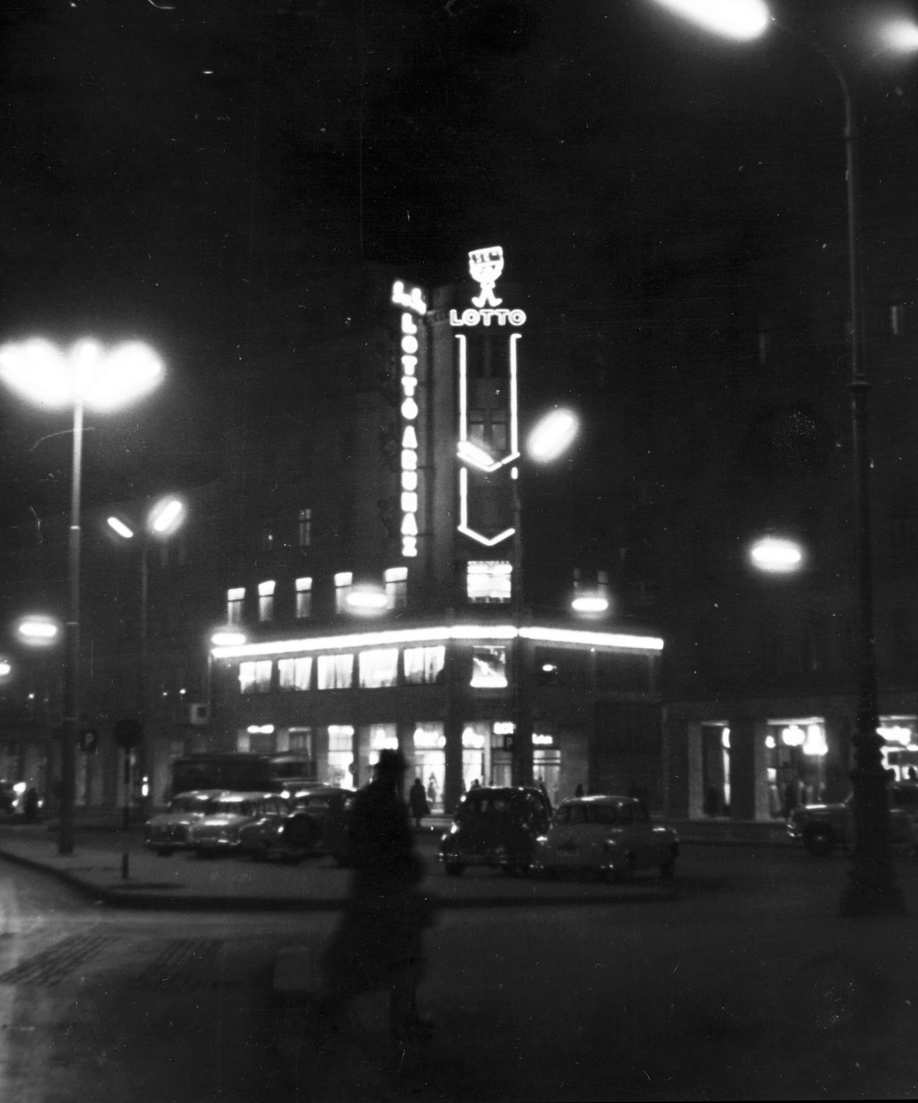 1962, Éltető, lottó, éjszaka, neonreklám, Fortepan #236311