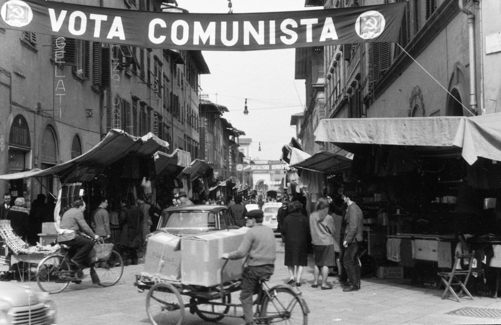 1967, Éltető, banner, tricycle, hammer and sickle, voting, Italian sign, label, street view, Fortepan #236323