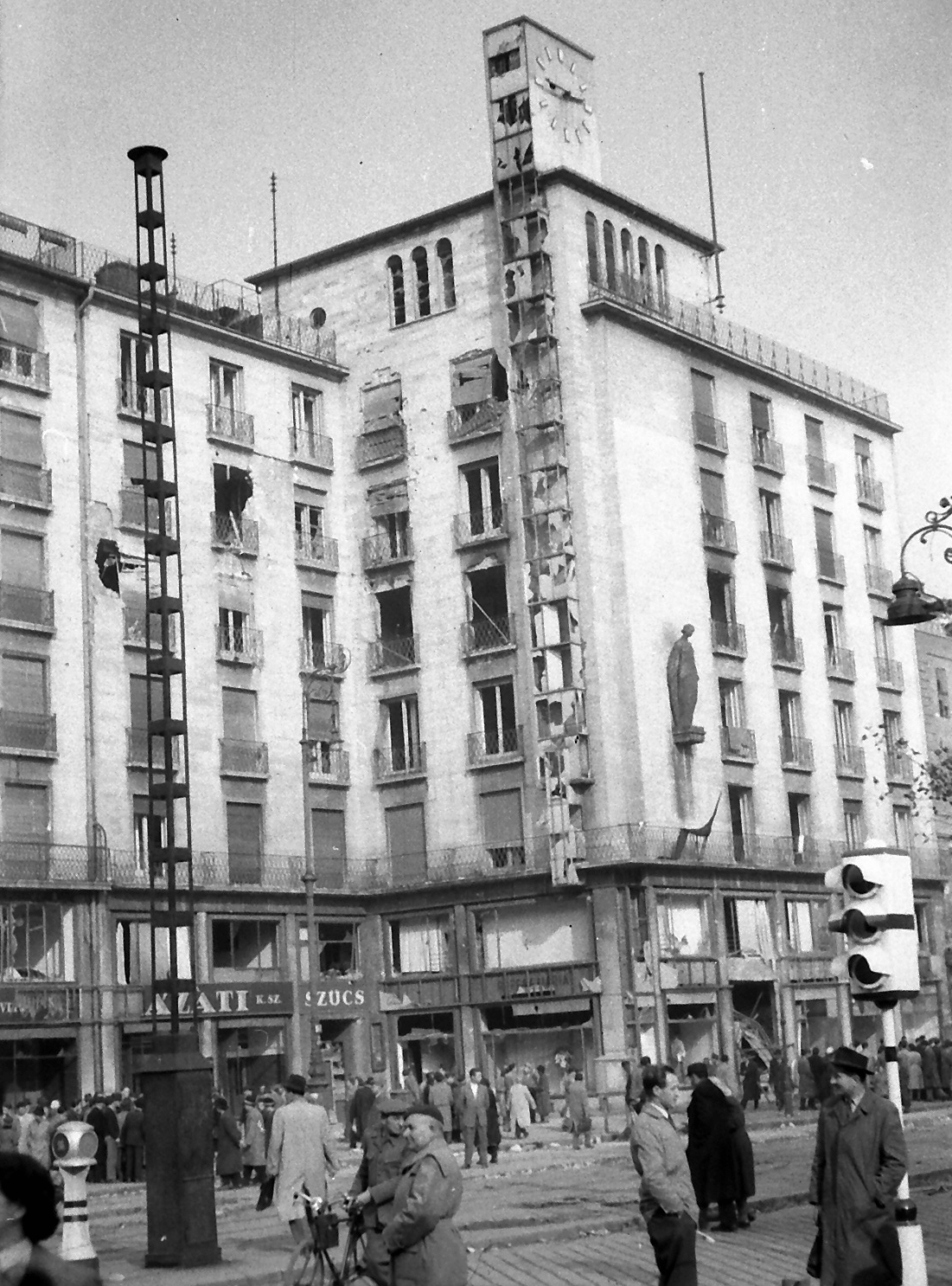 Hungary, Budapest VII., Astoria kereszteződés, Georgia bérpalota, Rákóczi út 4., 1956, Juricza Tibor, war damage, revolution, Budapest, Fortepan #23643