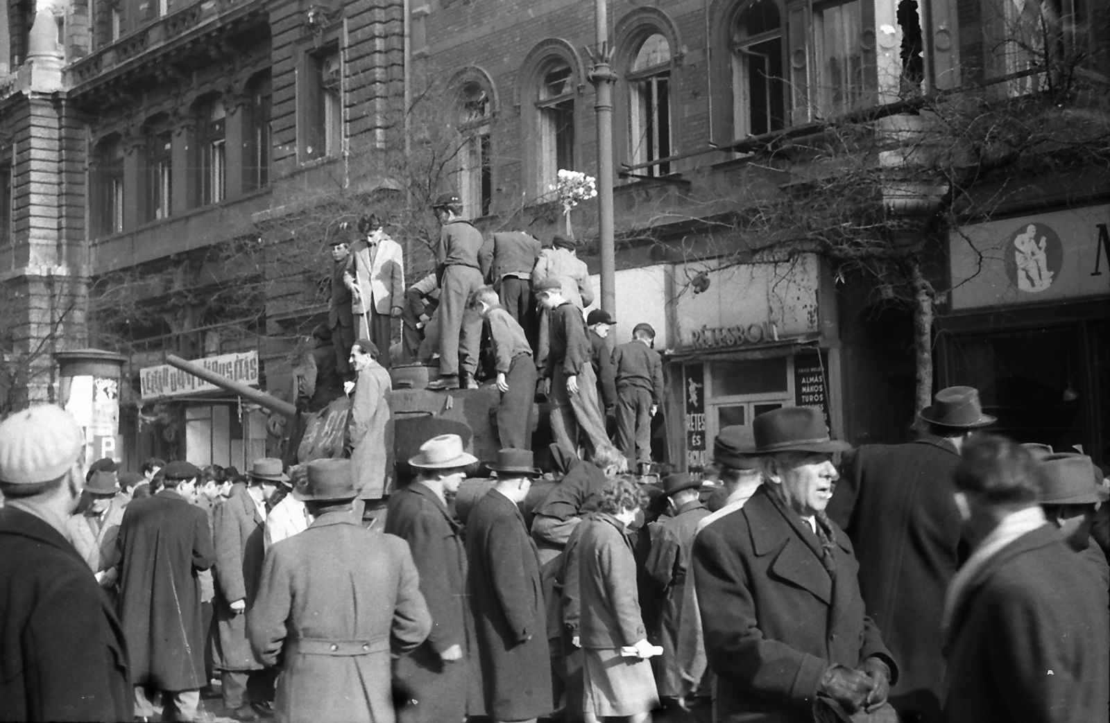 Hungary, Budapest VII., Erzsébet (Lenin) körút, háttérben a 7. számú ház és mellette a Hungária (korábban és ma New York) kávéház., 1956, Juricza Tibor, Soviet brand, revolution, tank, military, crest, untitled, Kossuth coat of arms, Budapest, Fortepan #23683