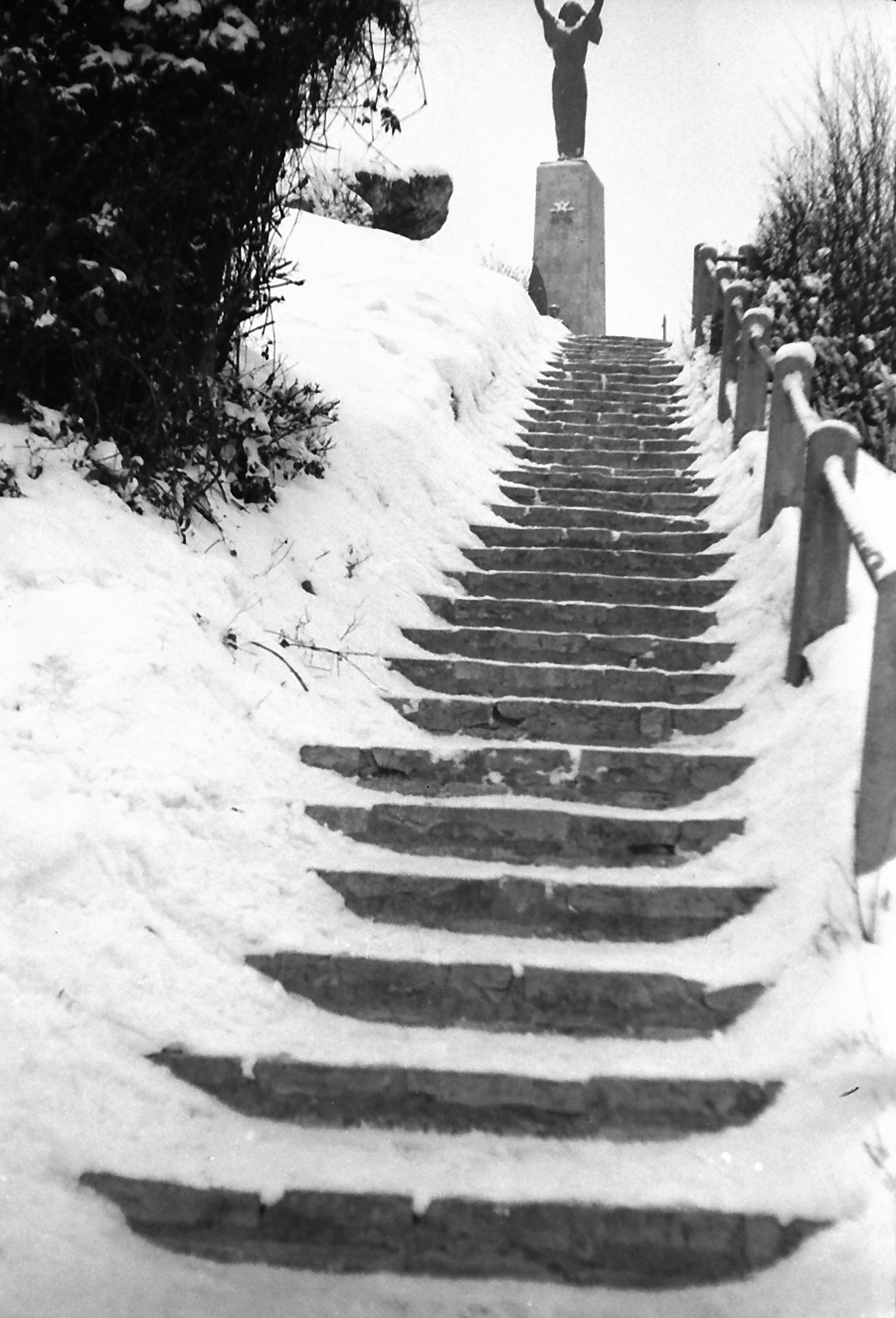 Hungary, Budapest XI., Citadella sétányra vezető lépcső, háttérben a Szabadság-szobor., 1955, Pálfi Balázs, winter, stairs, Budapest, Fortepan #23717