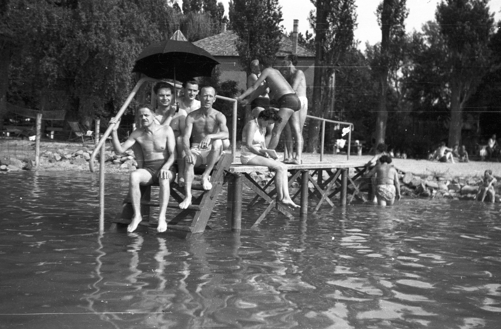 1956, Pálfi Balázs, stairs, beach, pier, umbrella, Fortepan #23727