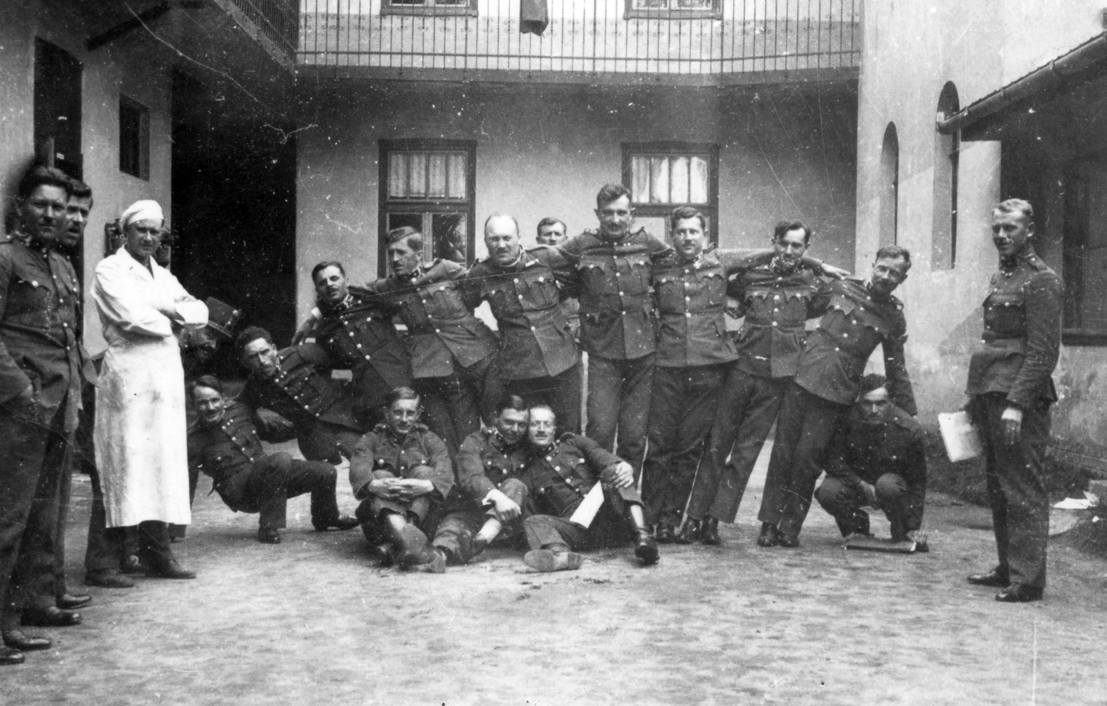 1935, Kővári Brigitta, yard, courtyard balcony, tableau, military, fun, gendarme, Fortepan #23776