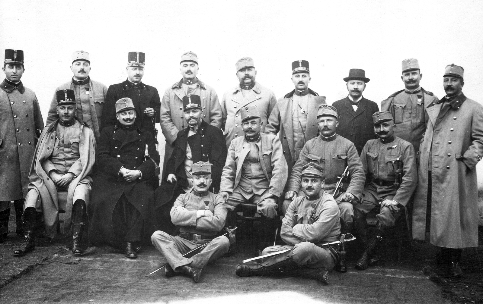 1916, Nagy Sándor, First World War, uniform, tableau, men, weapon, medal, sword, cross-legged sitting, arms crossed over the chest, Fortepan #23840