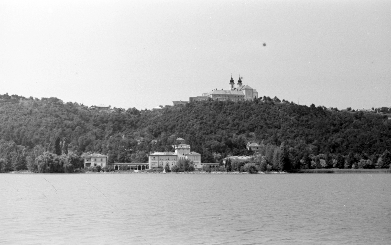 Hungary,Lake Balaton, Tihany, szemben a Magyar Biológiai Kutatóintézet (később Ökológiai Kutatóközpont Balatoni Limnológiai Intézet), fent a háttérben a Bencés Apátság., 1957, Pálfi Balázs, picture, hillside, woods, Fortepan #23911