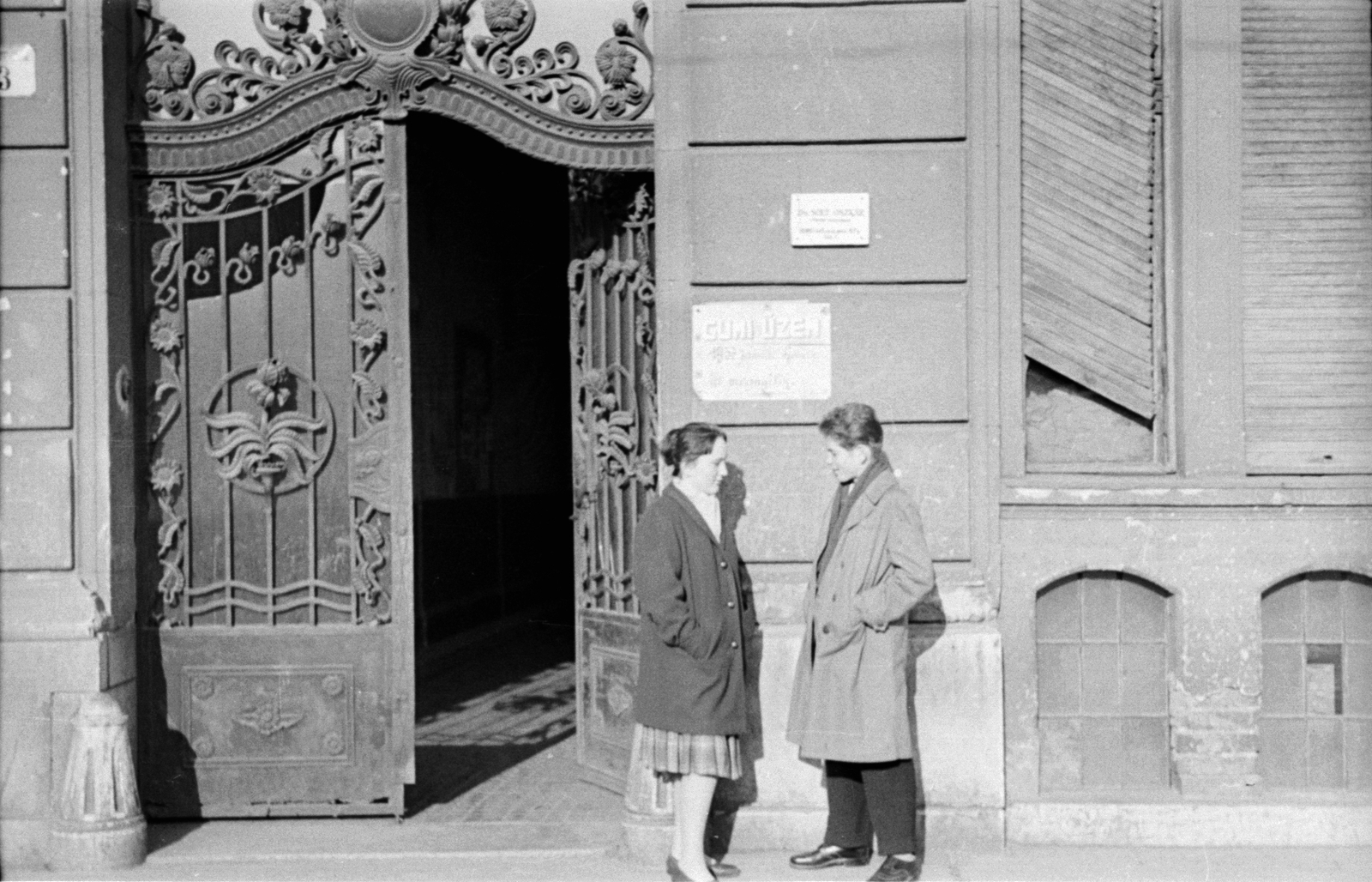 Magyarország, Budapest II., Komjádi Béla utca 3., 1958, Hegedűs Judit, reklám, romantika, kovácsoltvas kapu, Budapest, Fortepan #23964