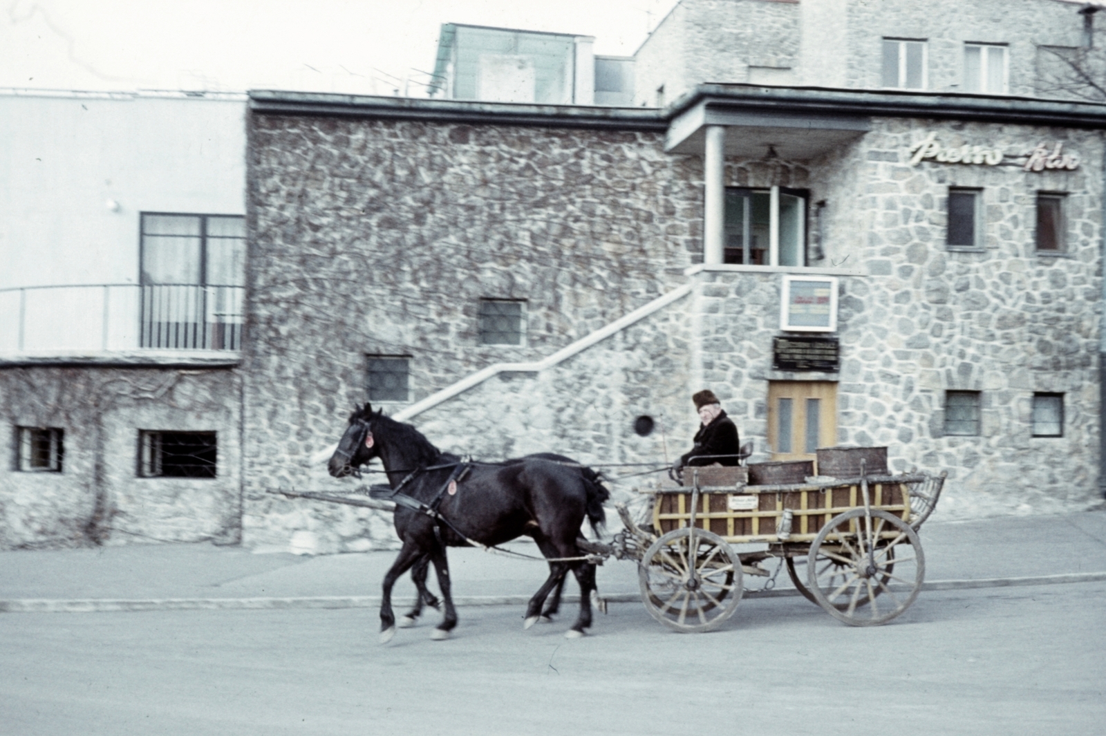 Hungary, Pécs, Kikelet szálló., 1974, Majercsik Tamás, hospitality, colorful, horse, chariot, hotel, Fortepan #24076