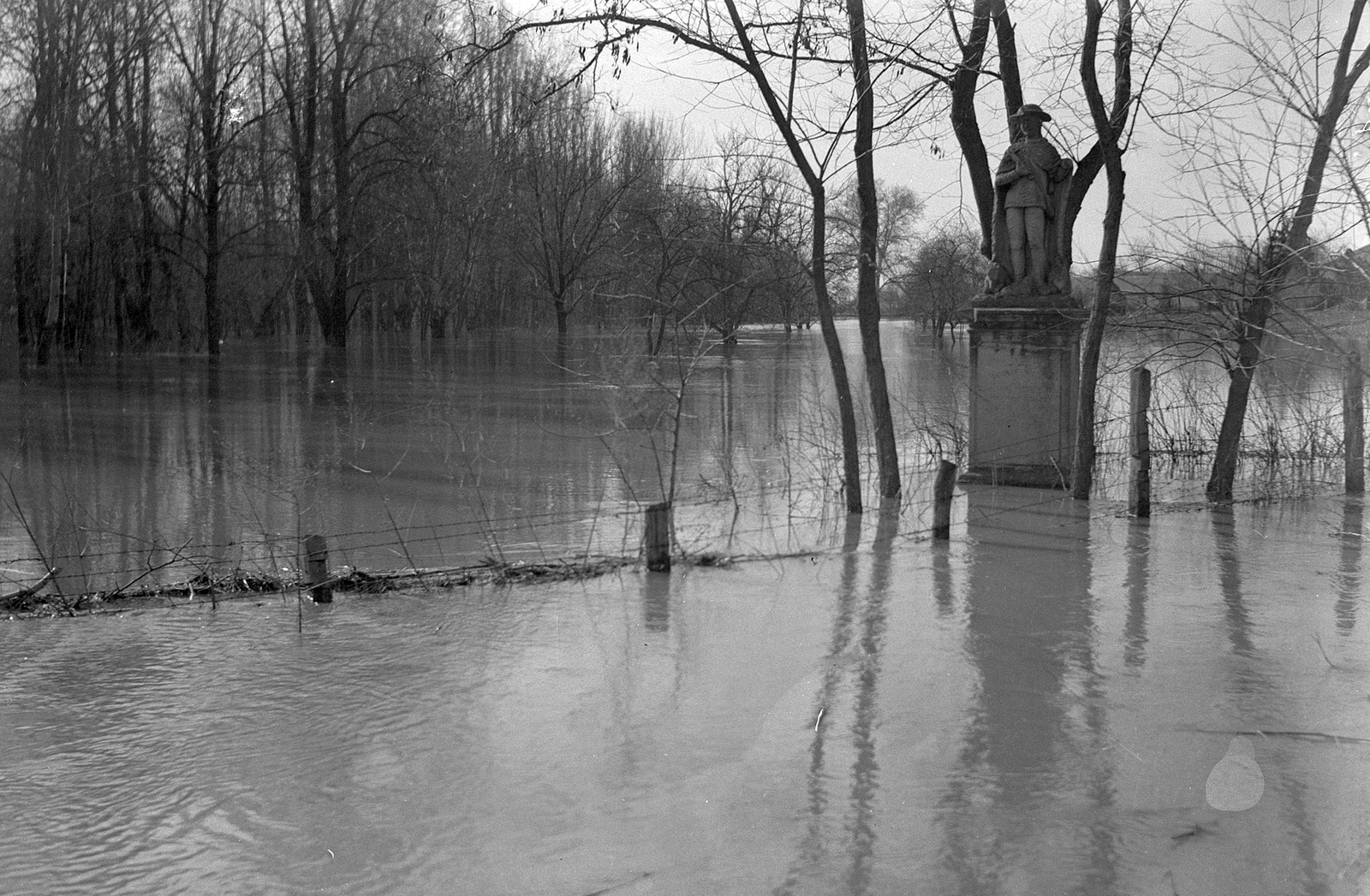 Hungary, Újszász, az Abonyi út és a Vasút út kereszteződése, háttérben az Orczy kastély parkja, 1940. márciusi árvíz. Az előtérben Szent Vendel szobra., 1940, Vass Károly, woods, sculpture, flood, Saint Wendelin-portrayal, Fortepan #24726