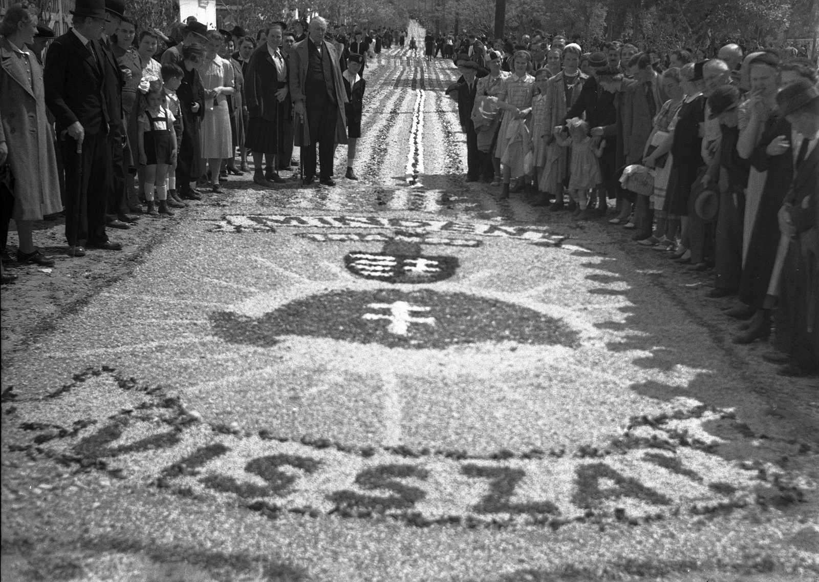 Hungary, Budaörs, Szabadság út (József főherceg utca) a Templom tér felől nézve. Úrnapi körmenet virágszőnyege., 1940, Vass Károly, Fortepan #24732