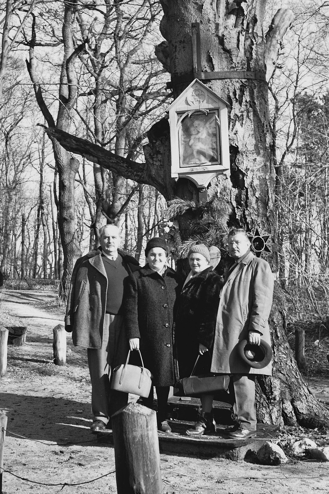 Hungary, Budapest XII., Jánoshegy, Erzsébet királyné emlékhely., 1966, Tóth Károly dr, woods, excursion, tableau, women, men, handbag, Budapest, Fortepan #24912