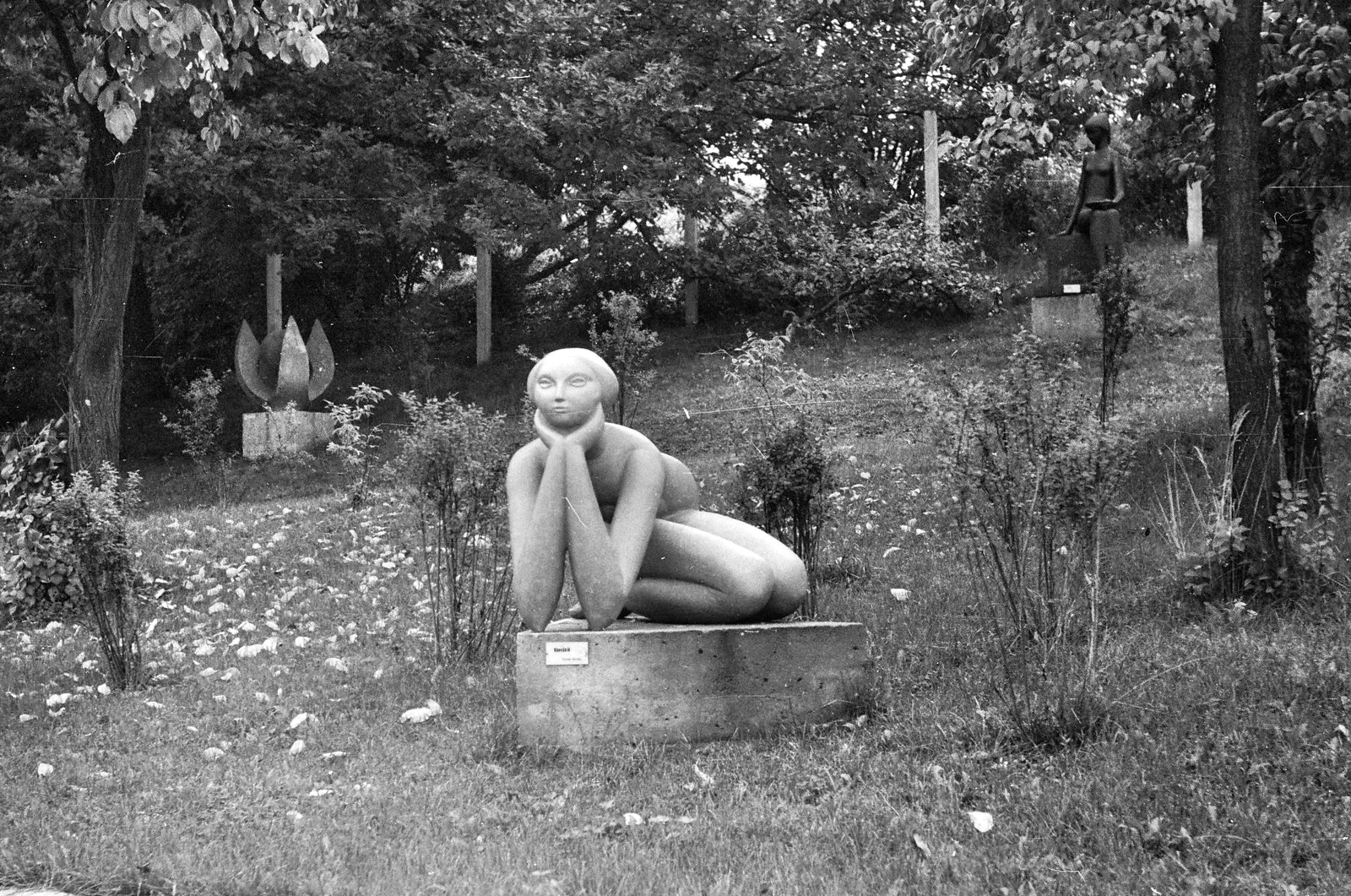 Magyarország, Szentendre, Ady Endre út, Szentendrei Parkmúzeum (szoborpark). Előtérben Várady Sándor Könyöklő lány című szobrának egy korai változata látható, balra fenn Borsos Miklós Virágidomú vízköpő című művének egy változata., 1968, Tóth Károly dr, szoborpark, fejtámasztás, Fortepan #24947
