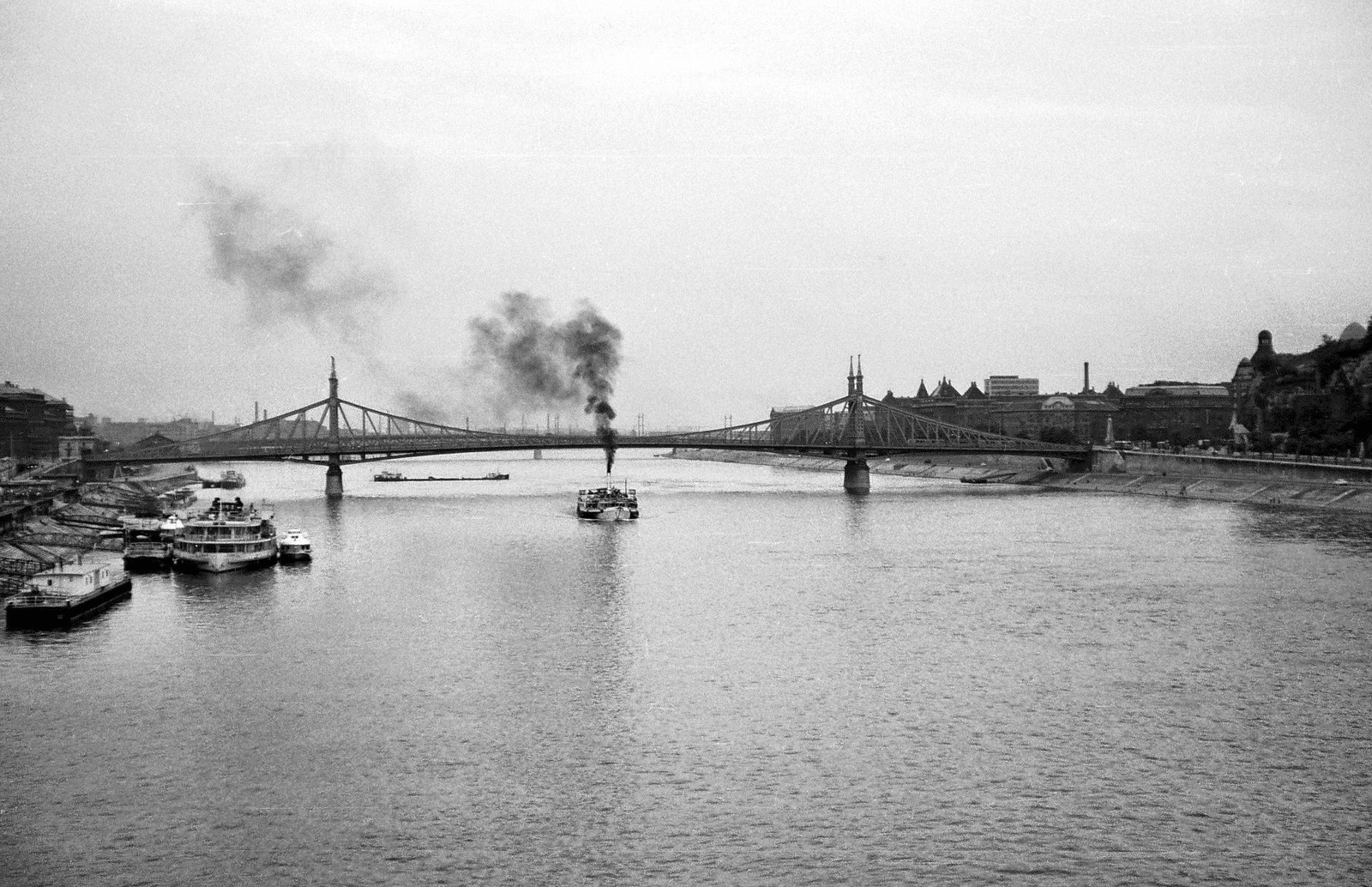 Hungary, Budapest, gőzhajó a Dunán és a Szabadság híd az Erzsébet híd felől fényképezve,, 1969, Tóth Károly dr, ship, smoke, steamboat, Danube, hydrofoil, Dunaföldvár/Bácska/Venus ship, Vác ship, Duna-bridge, János Feketeházy-design, Fortepan #24985