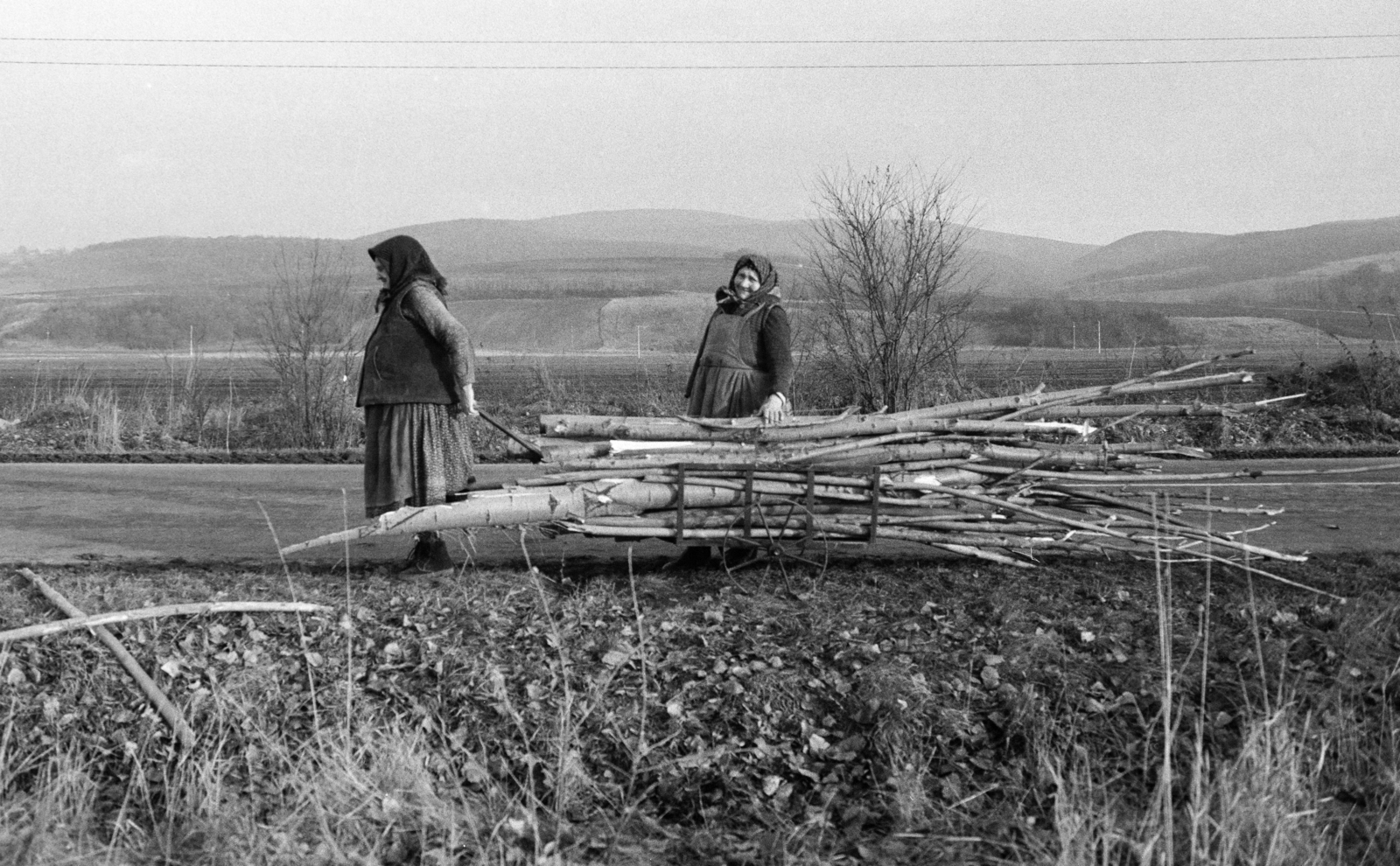 Magyarország, Letkés, 1201-es számú út., 1989, Vimola Károly, szegénység, kézikocsi, tüzifa, nők, fejkendő, idős ember, Fortepan #250438