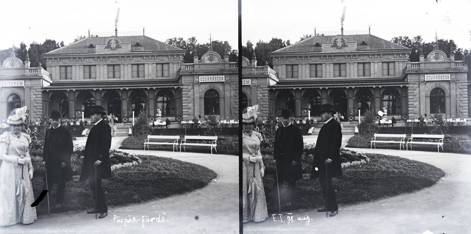 Romania,Transylvania, Sînmartin, Püspökfürdő, a gyógyfürdő parkja. A felvétel 1898-ban készült., 1900, Vincent Till Baumgartner, Best of, sunshades, fashion, hat, stereophoto, pastry shop, restaurant, walking cane, thermal bath, Fortepan #250617