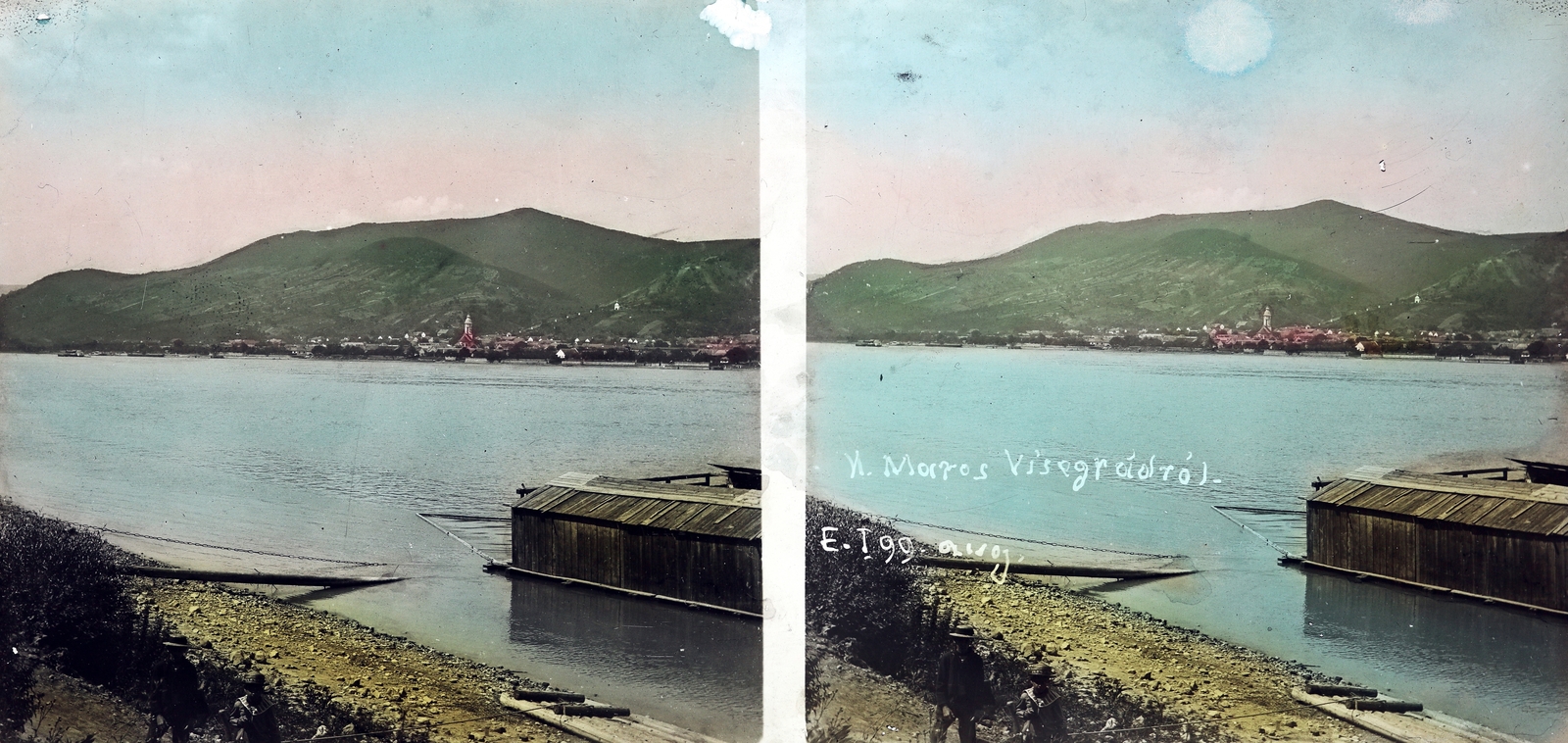 Hungary,Danube Bend, Visegrád, Duna-part, a túlparton Nagymaros. A felvétel 1896-ban készült., 1900, Vincent Till Baumgartner, stereophoto, colored picture, barge, Fortepan #250624
