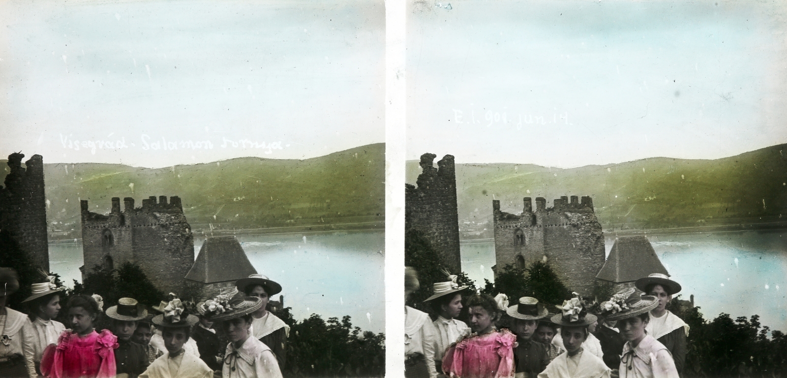 Hungary,Danube Bend, Visegrád, Alsóvár, szemben a lakótorony / Salamon-torony és jobbra a vár északi kaputornya., 1901, Vincent Till Baumgartner, hat, excursion, girl, woman, castle ruins, tower, stereophoto, colored picture, Fortepan #250626