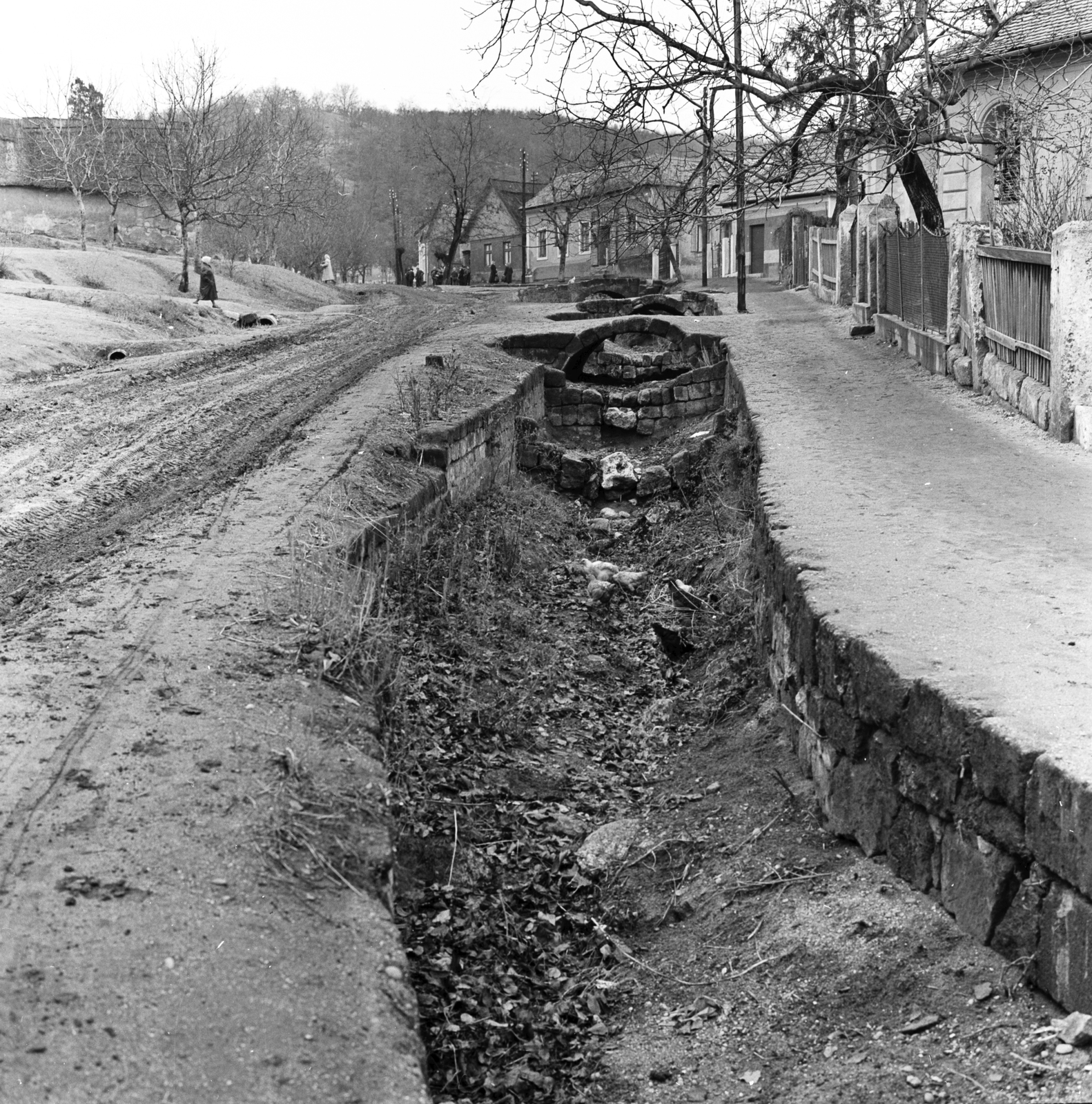 Hungary, Törökbálint, Munkácsy Mihály utca a Felsővár utca felé nézve, a fénykép közepén a szélesebb épület a Munkácsy Mihály utca 123., 1959, FŐMTERV, street view, dirt road, mud, open ditch, Fortepan #251216