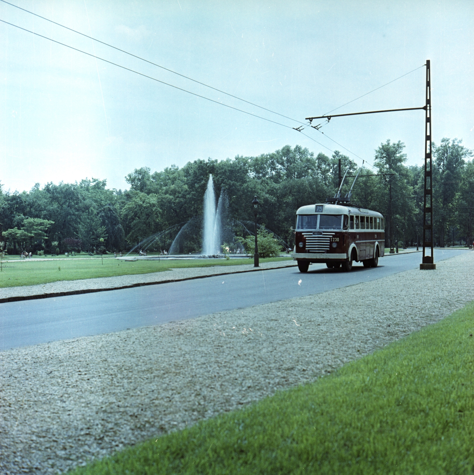 Magyarország, Városliget, Budapest XIV., 1959, FŐMTERV, Domonkos Endre, Budapest, szökőkút, színes, trolibusz, Ikarus 60T, Fortepan #251225