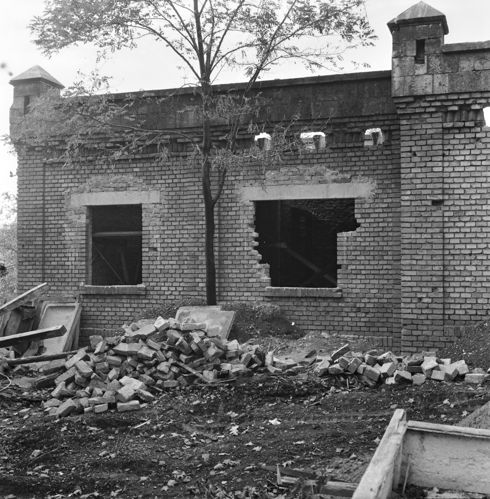 Magyarország, Budapest XXII., Budafok, a Törley-kastély kertje, a felvétel a Sarló utca felőli kapunál lévő épület felújításakor készült., 1960, FŐMTERV, Domonkos Endre, Budapest, téglafal, Fortepan #251391