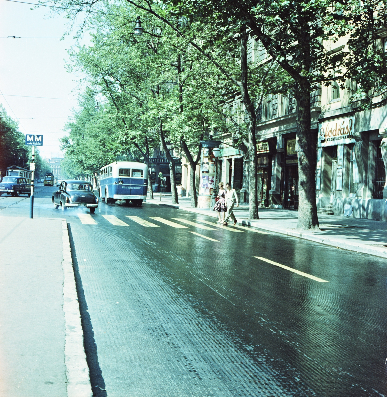 Magyarország, Budapest VI., Bajcsy-Zsilinszky út, villamosmegálló a Desseffy utca - Zichy Jenő utca közötti szakaszon. Távolban a Nyugati (Marx) tér egyik épülete látszik., 1961, FŐMTERV, Domonkos Endre, Budapest, Fortepan #251545