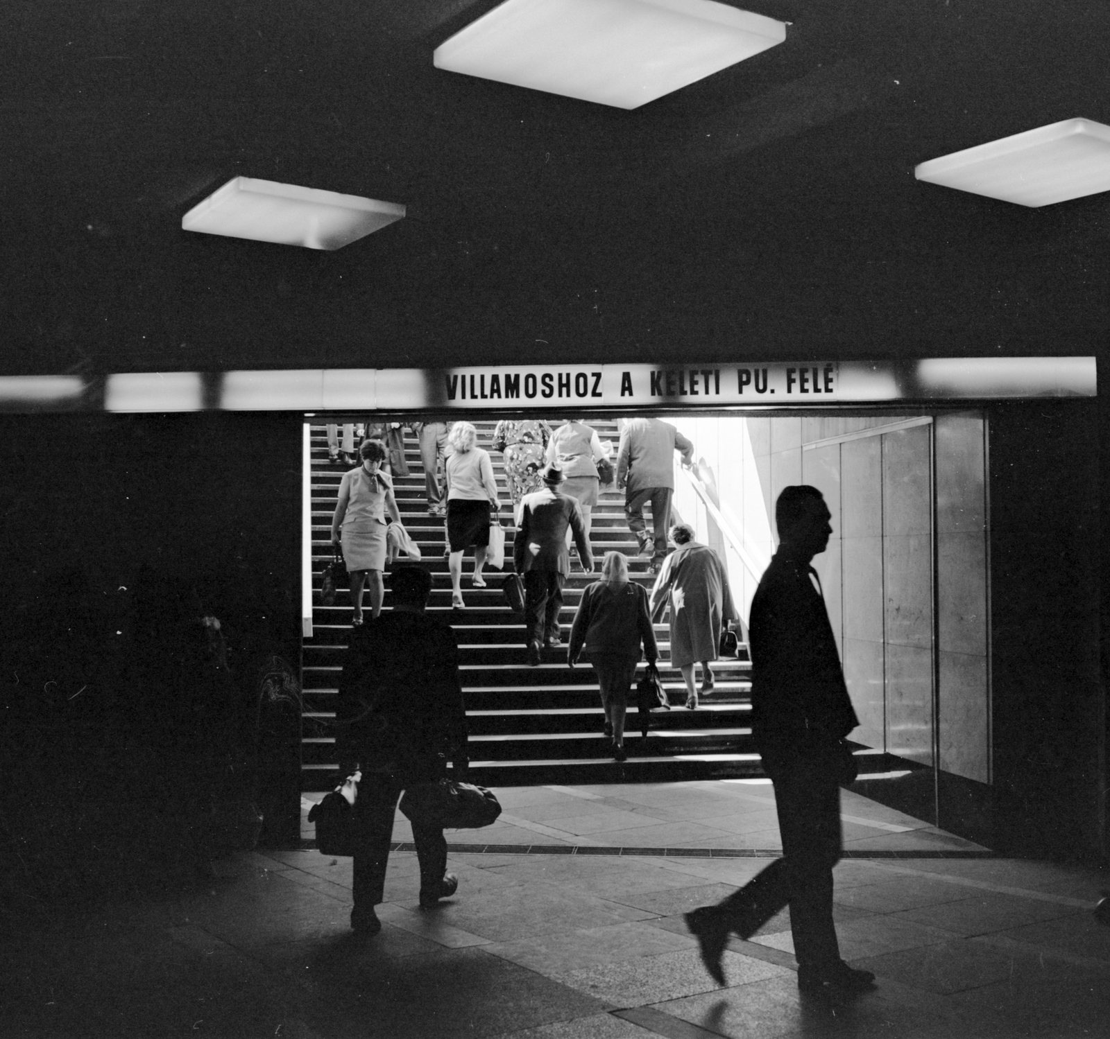 Hungary, Budapest VIII., Blaha Lujza téri aluljáró., 1969, FŐMTERV, Budapest, stairs, neon lights, underpass, Fortepan #252554